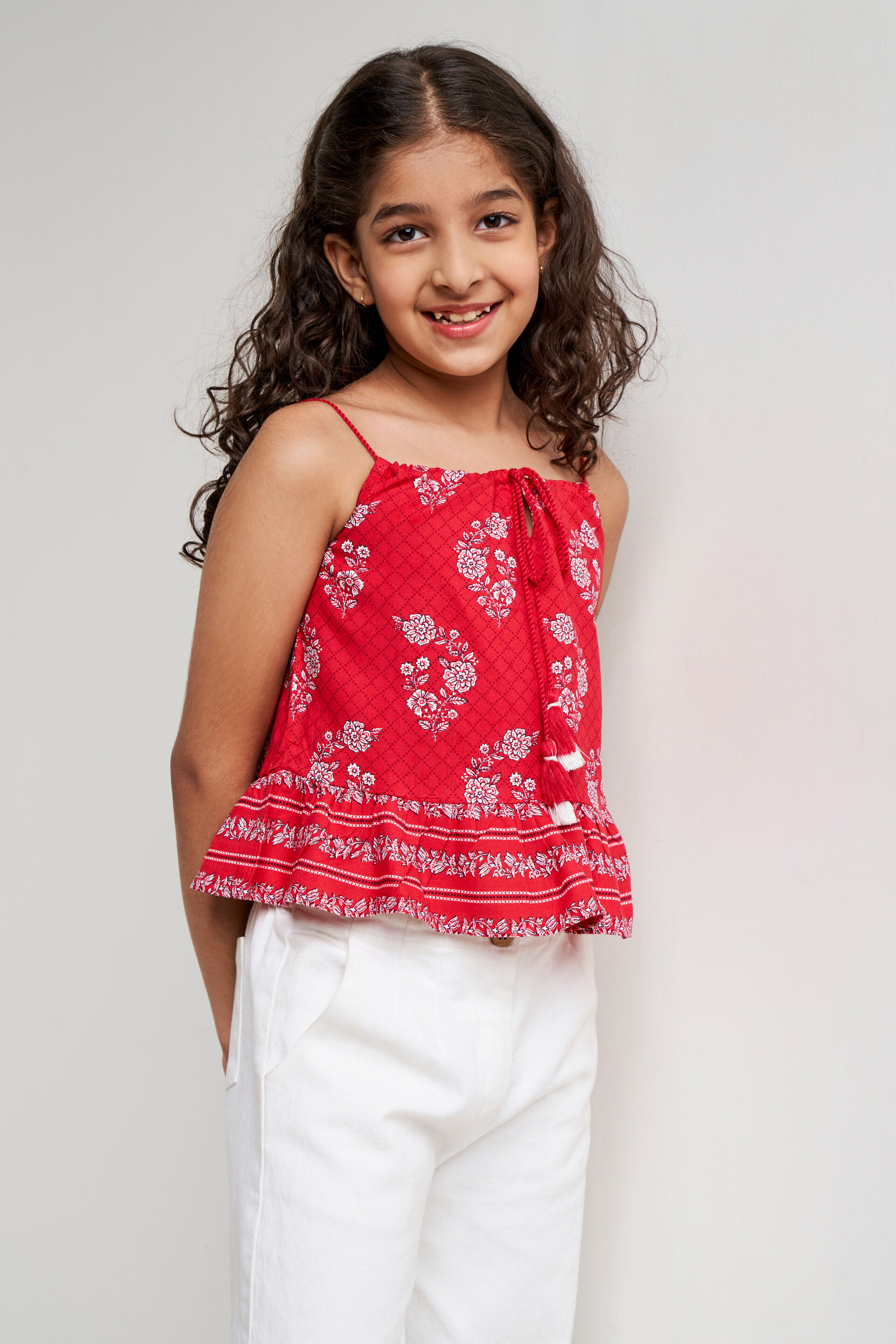 Red Floral Tassel Peplum Top, Red, image 2