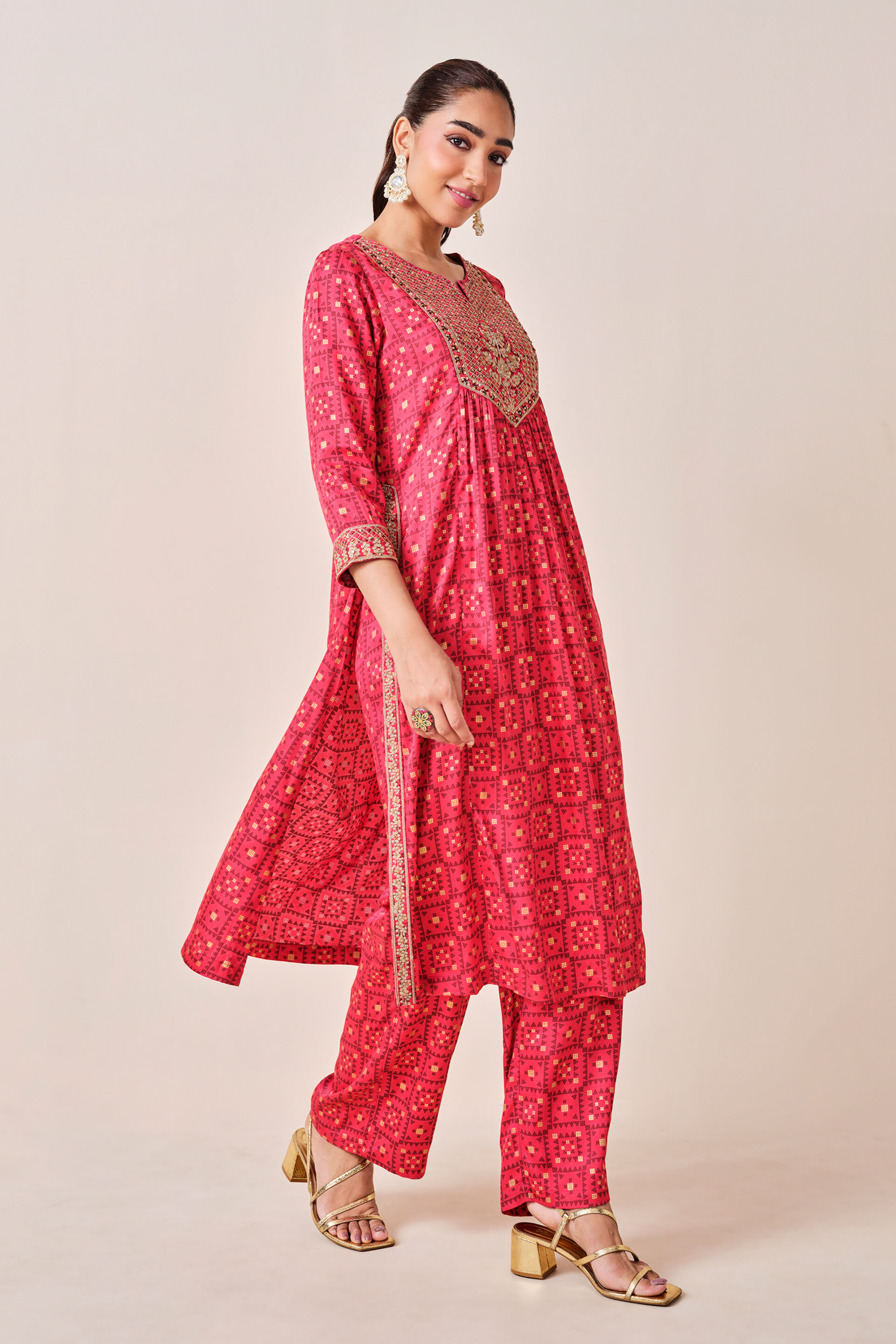 Red India-Inspired Print Viscose Kurta Set, Red, image 5