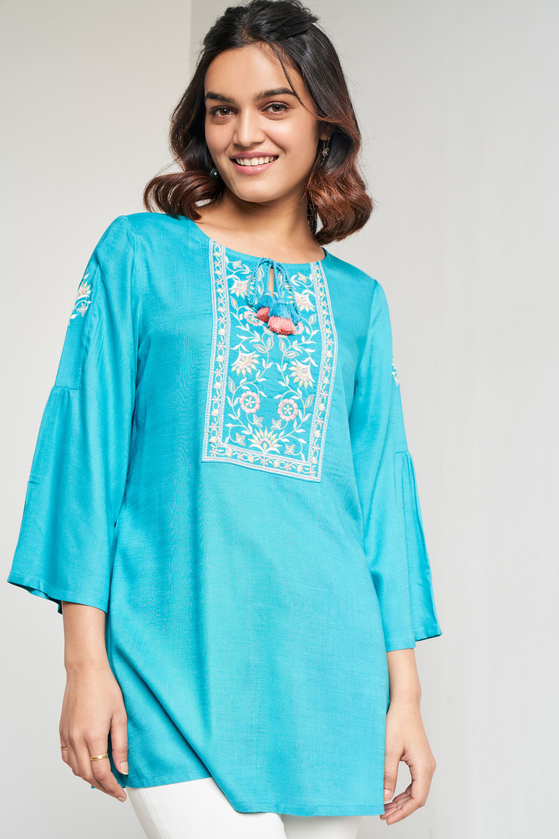 Aqua Solid Straight Tunic, Aqua, image 3