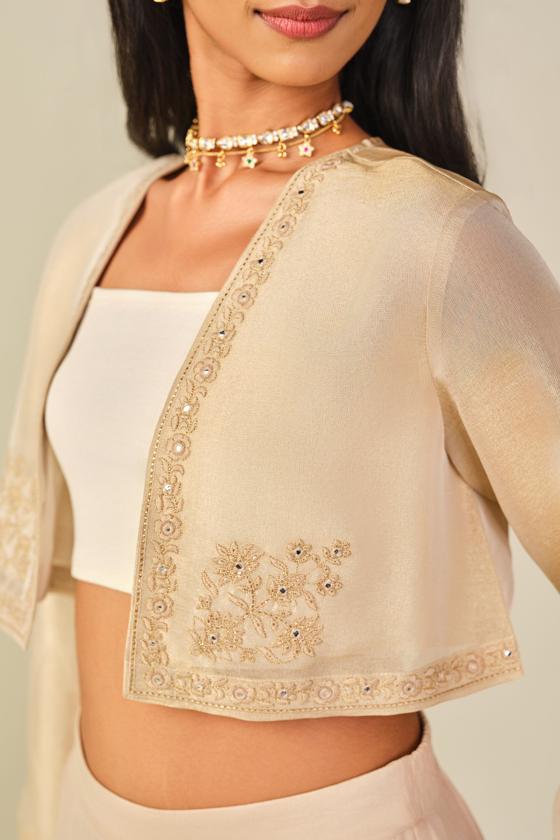 Embroidered Bomber Shrug in Beige, Beige, image 2