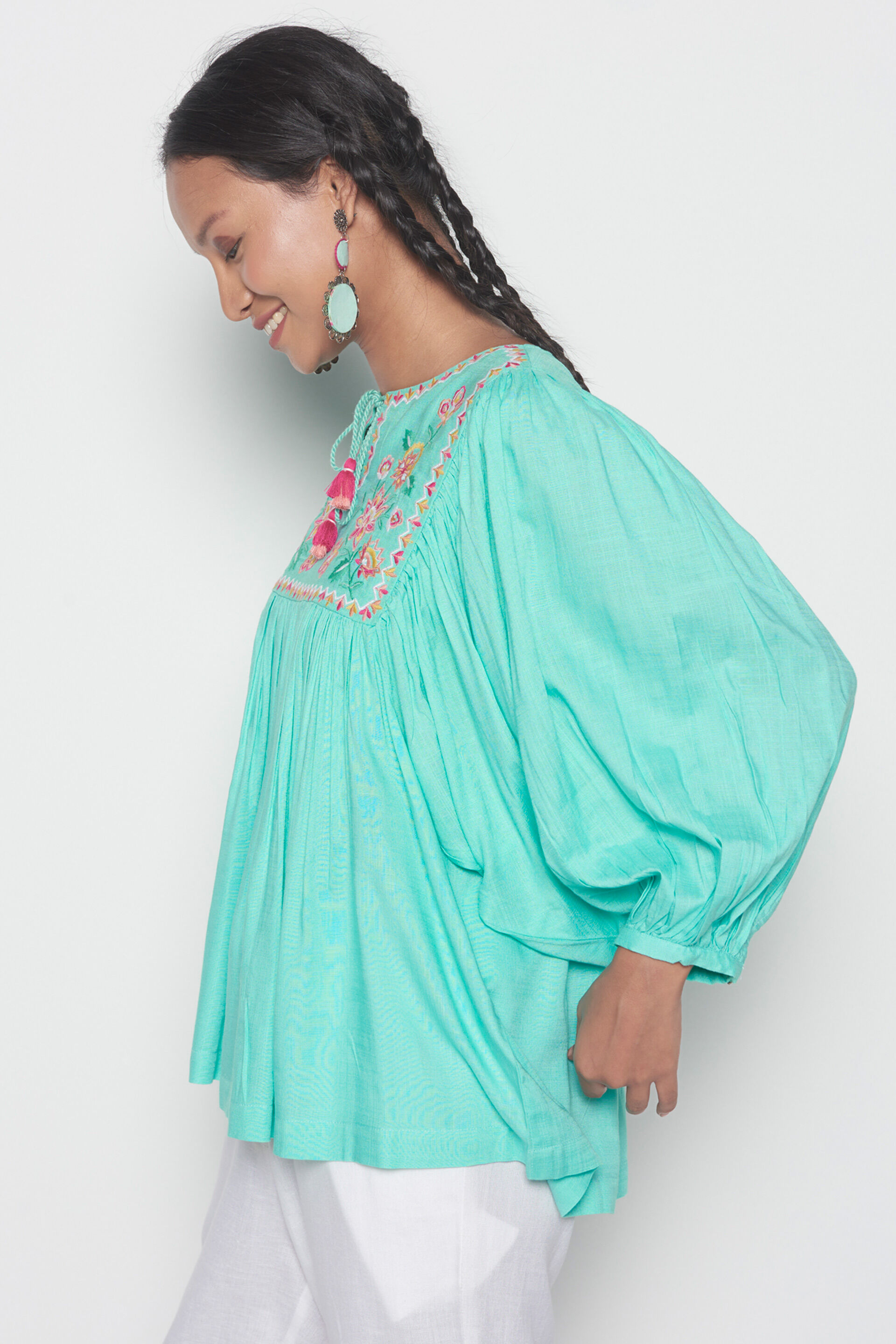 Grove Blouson Top, Aqua, image 4