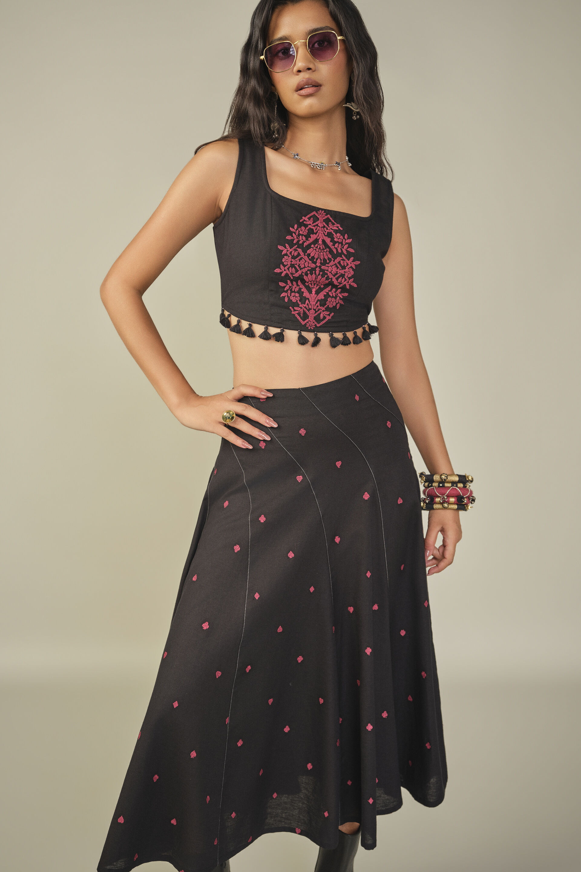 Embroidered Skirt Set in Black