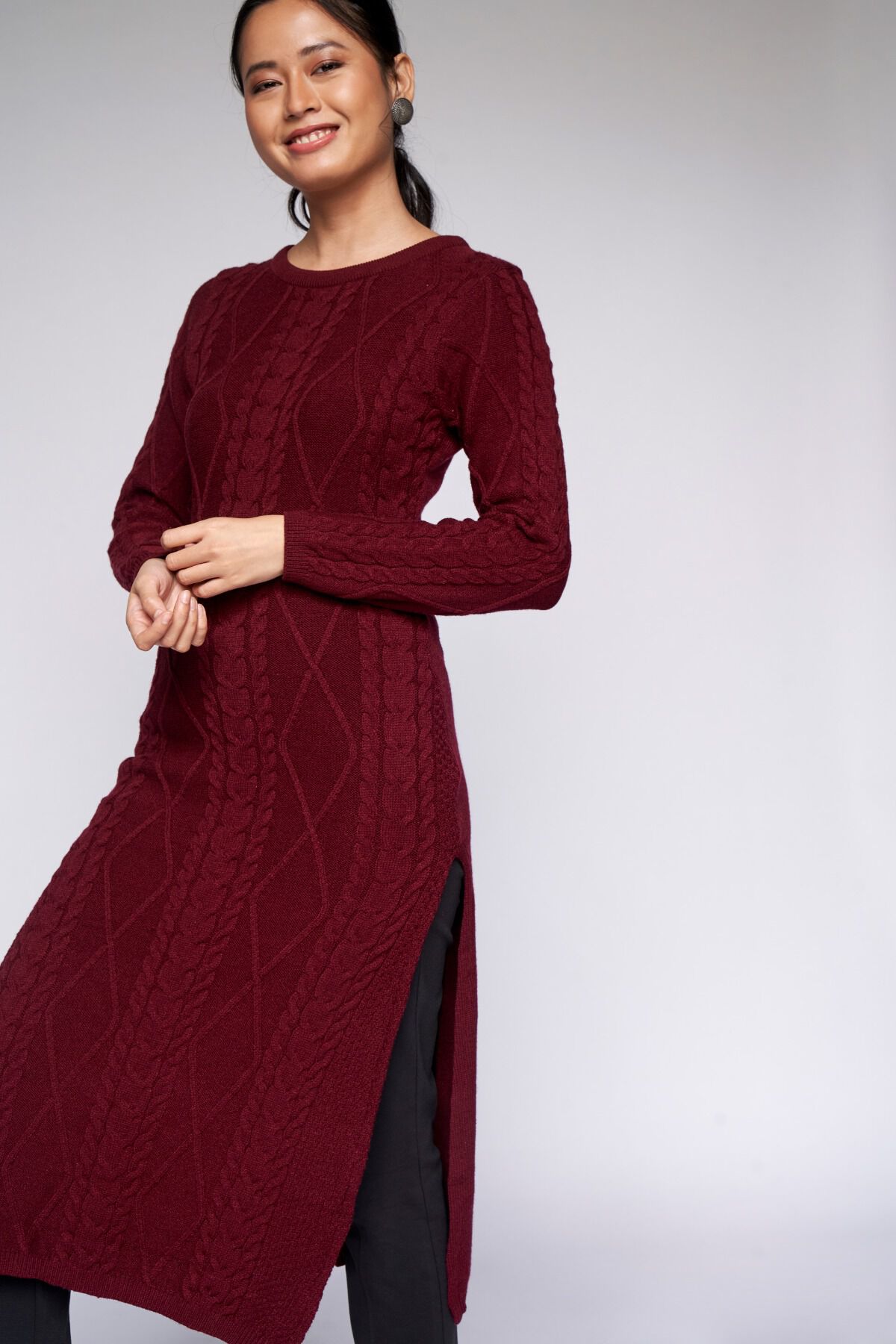 Maroon Self Design Straight Kurta 