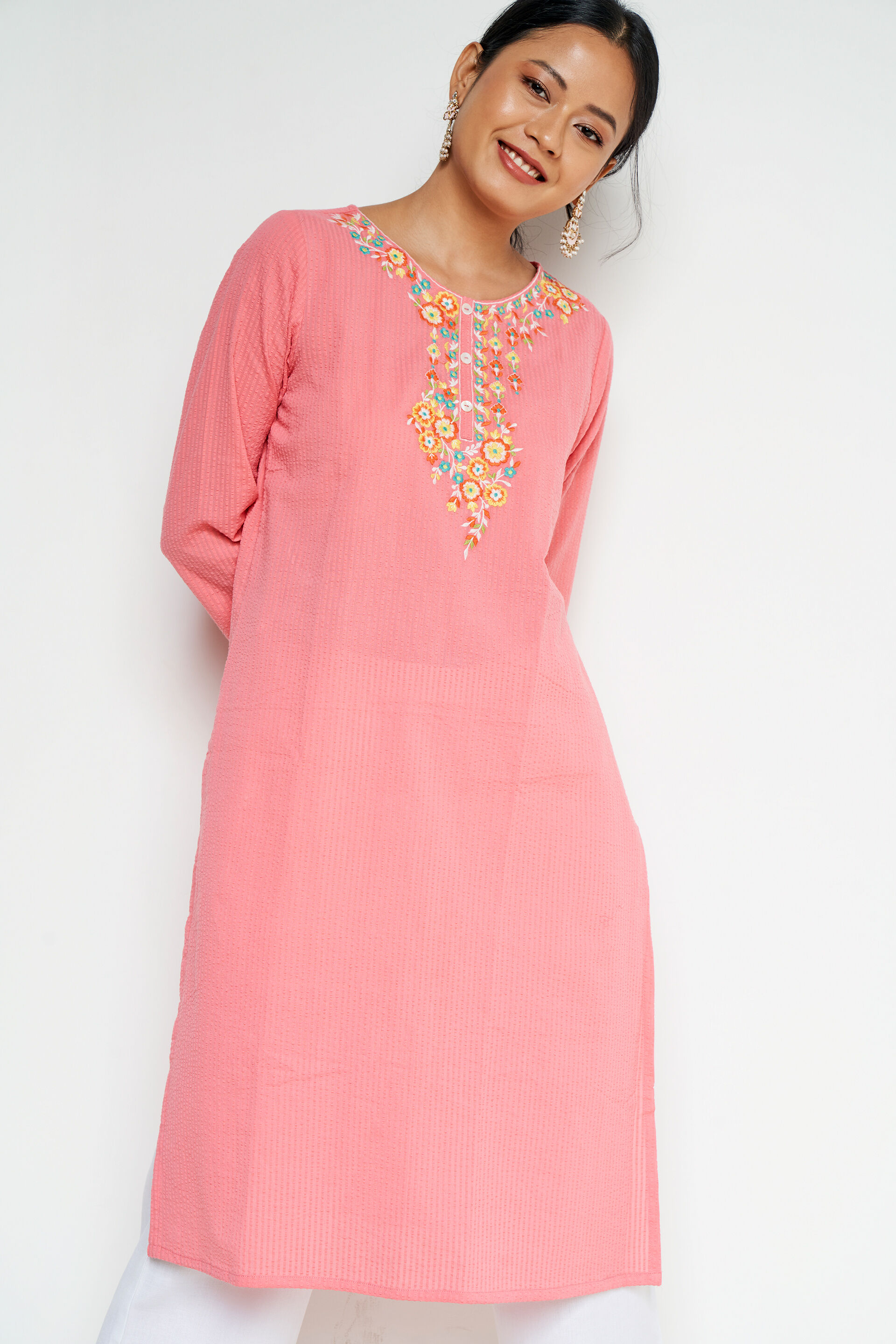Pink Solid Embroidered Straight Kurta, Pink, image 2