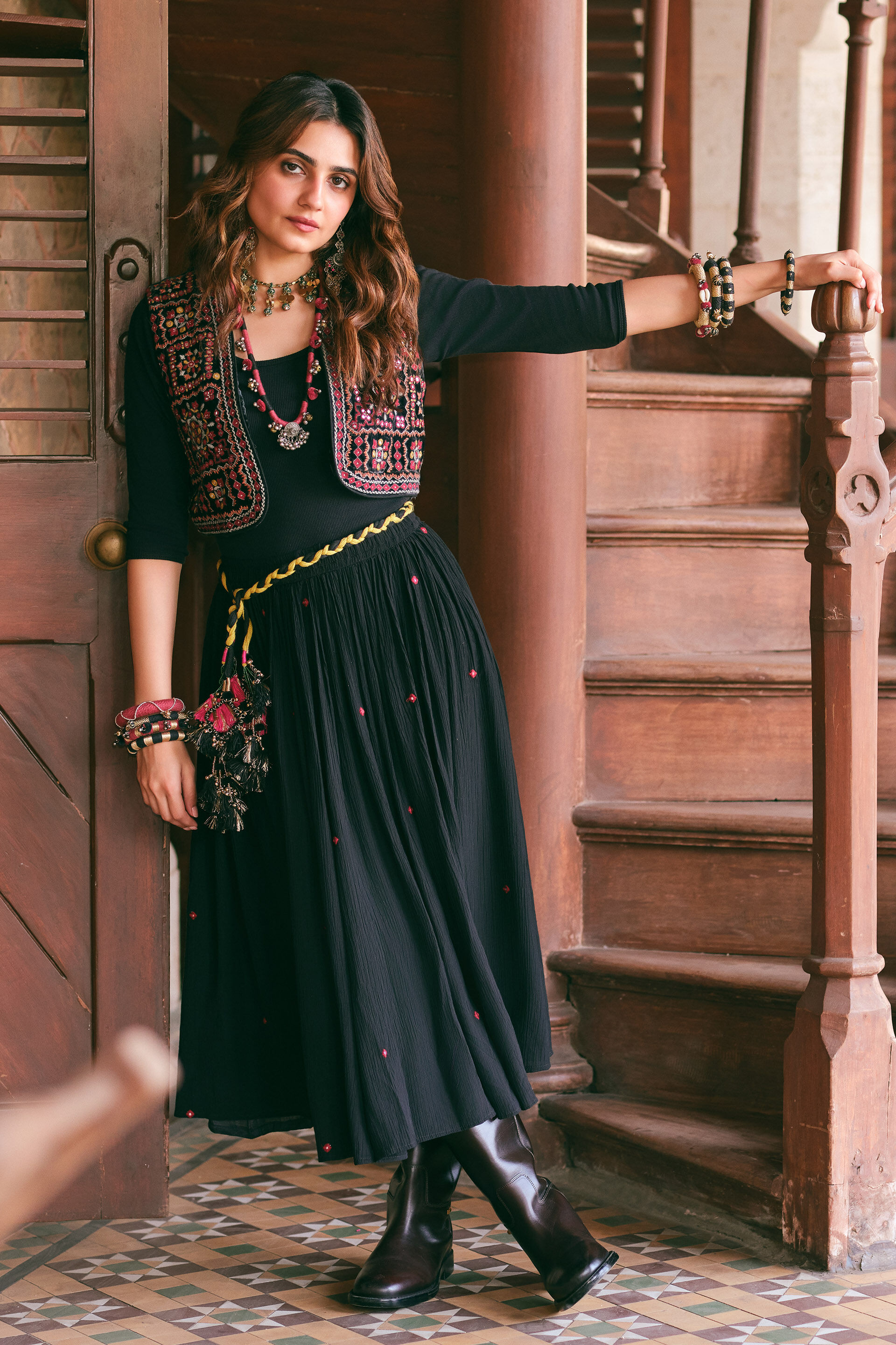 Embroidered Velvet Waistcoat in Black