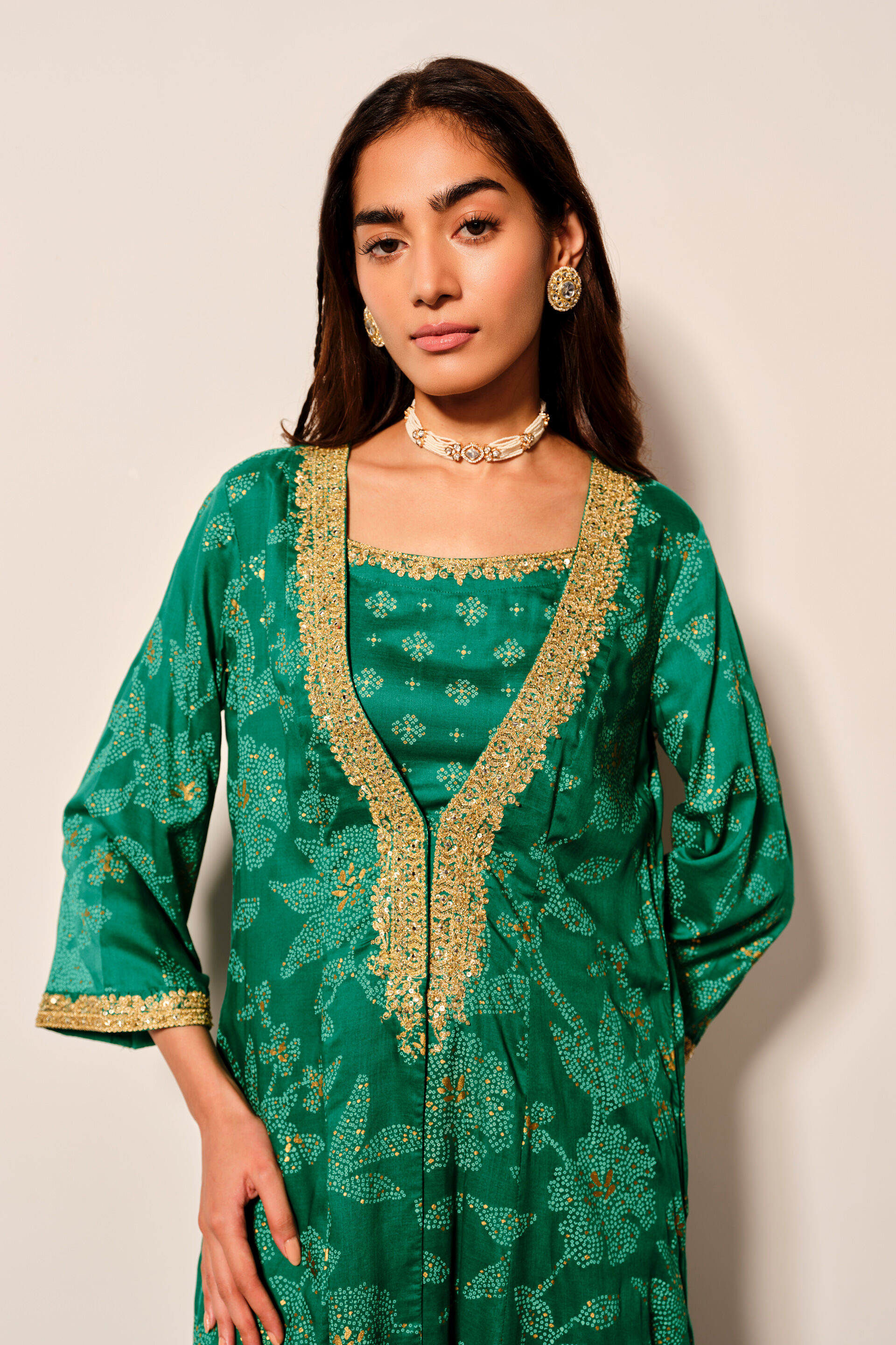 Green Jacket-Style Viscose Kurta Set In Leafy Print, Green, image 4