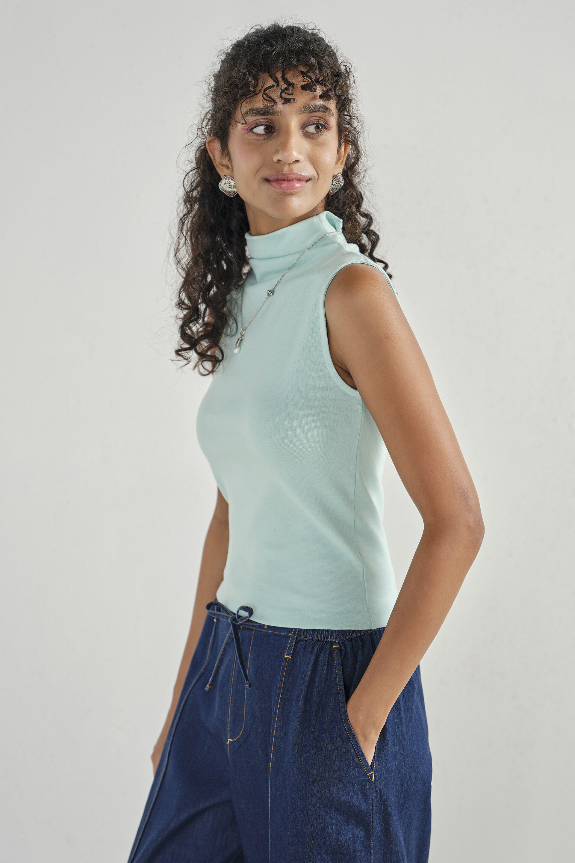 Aqua Cotton Ribbed Vest, Teal, image 5