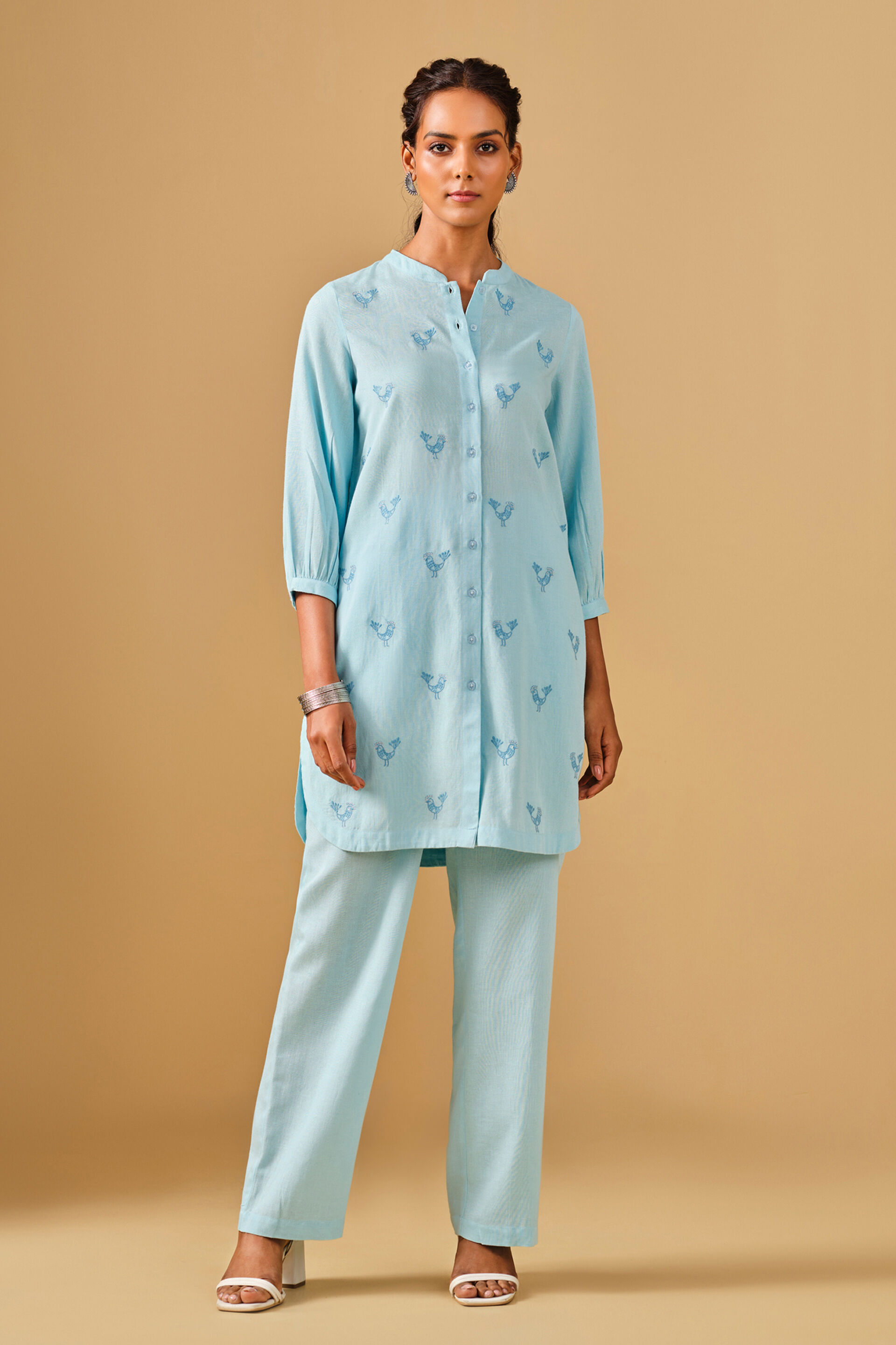 Embroidered Mandarin Collar Viscose Blend Blue Kurta Set, Blue, image 2