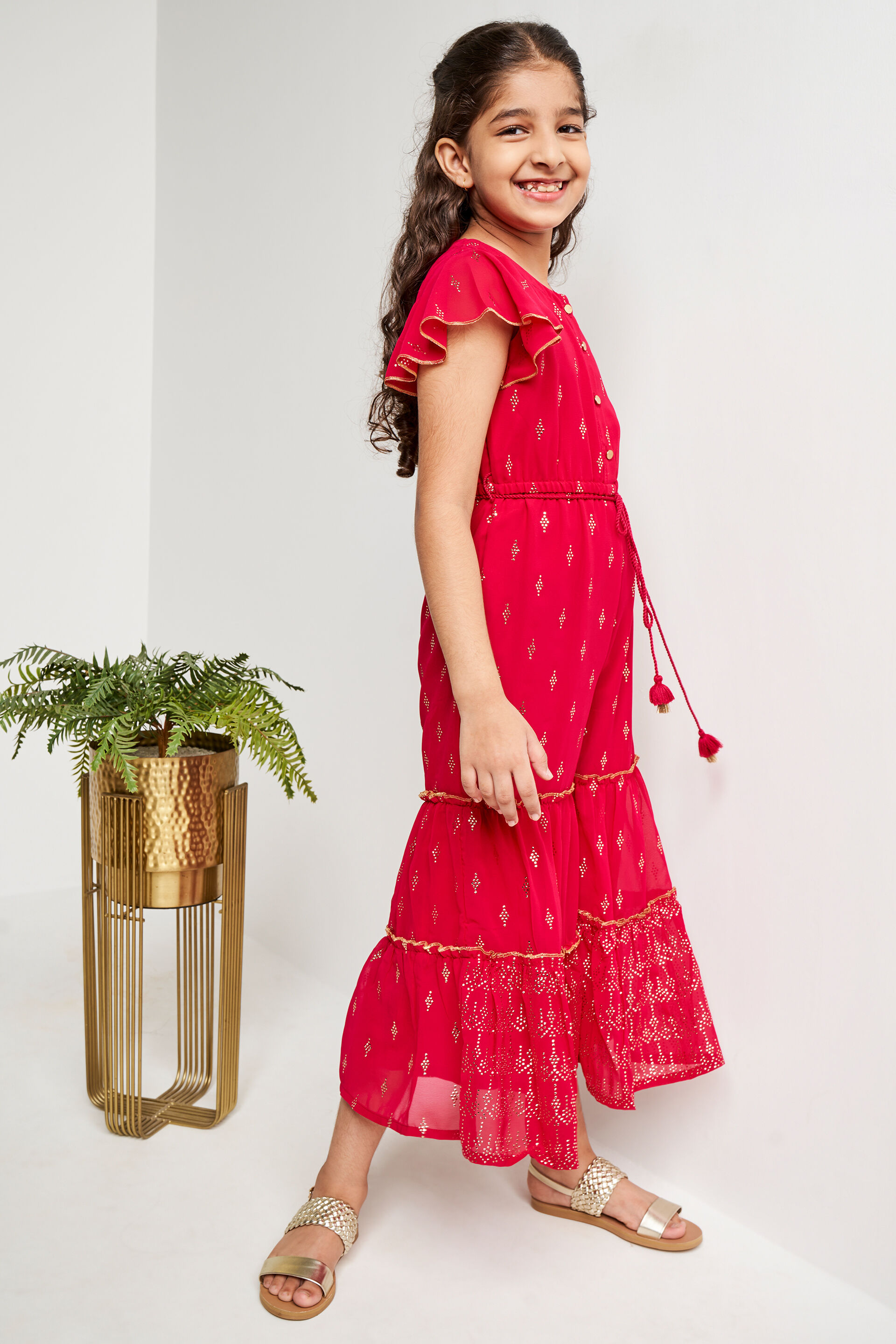 Hot Pink Geometric Flounce Jump Suit, Hot Pink, image 3