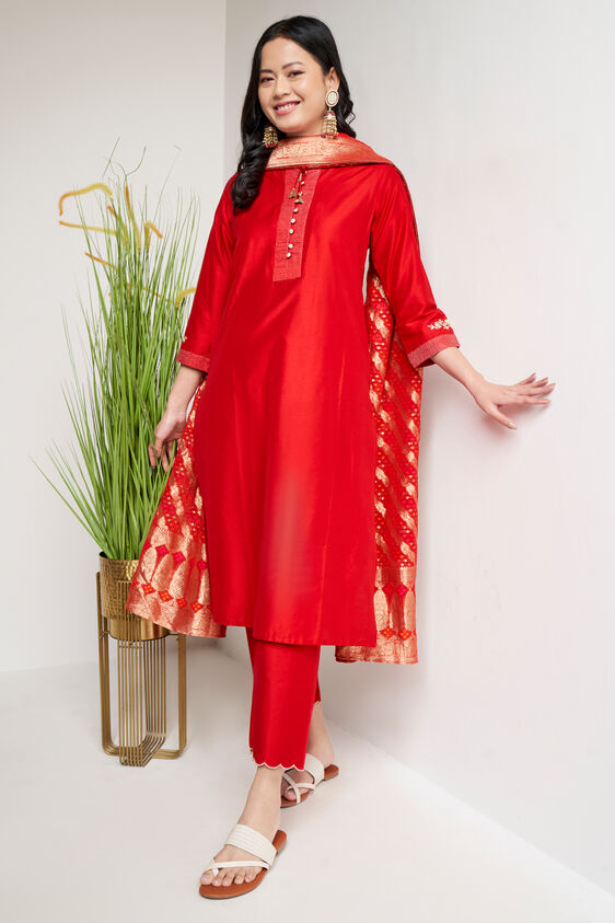 Red Ethnic Motifs Straight Suit, Red, image 1
