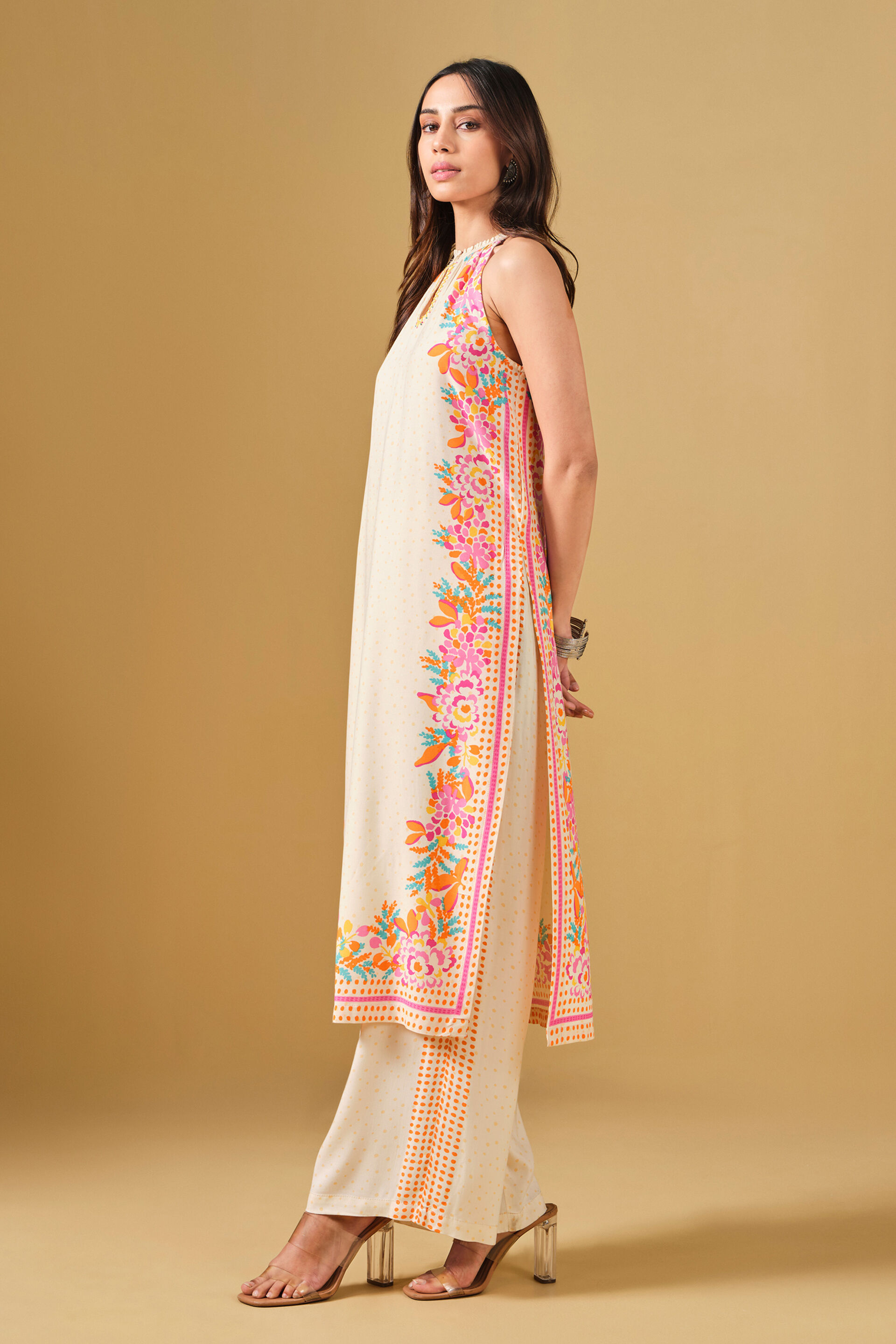 Floral Print Viscose Kurta Set, Off White, image 3