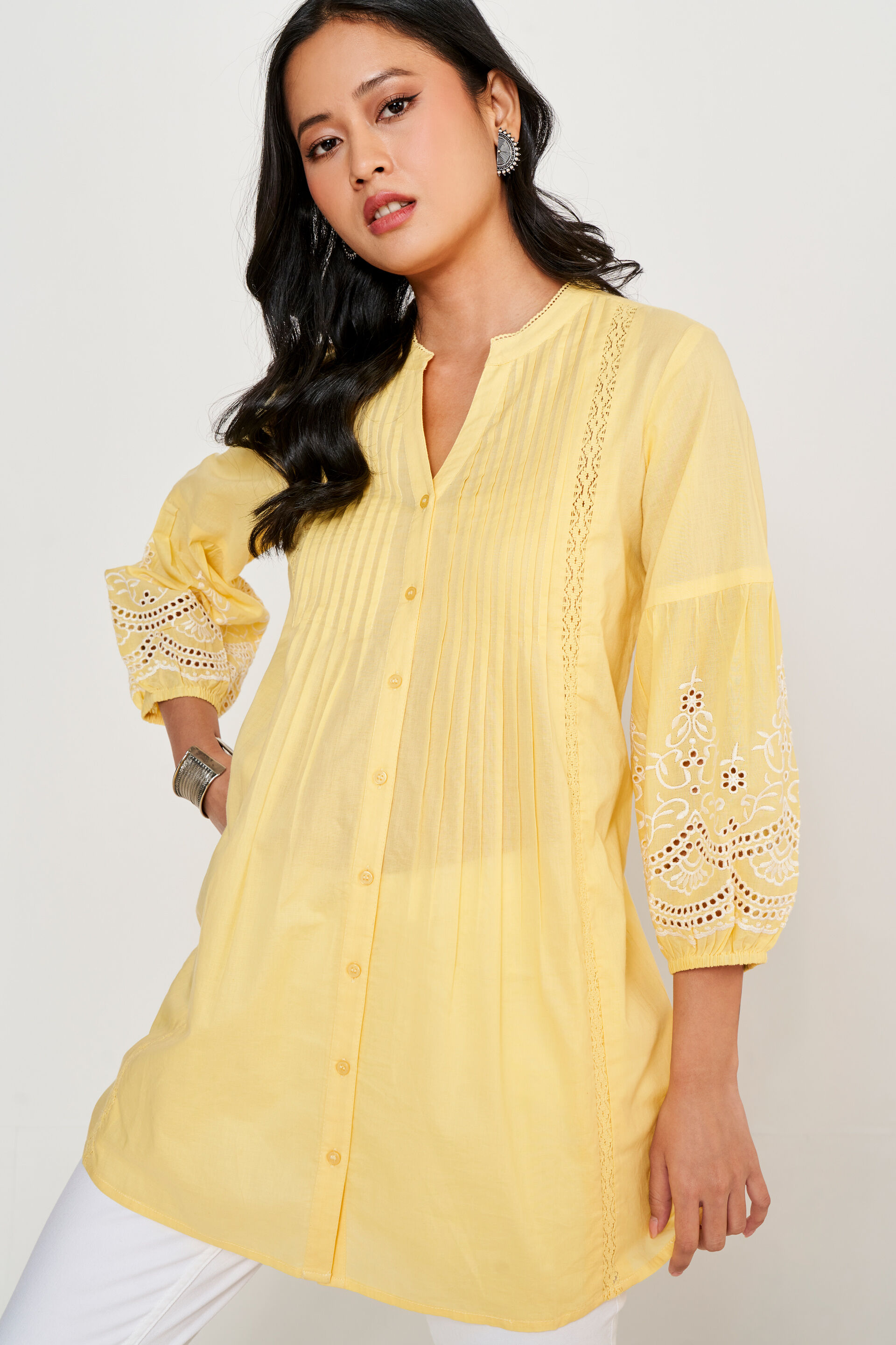 Buy our Casual Wear Yellow Solid Embroidered Shirt Style Tunic online