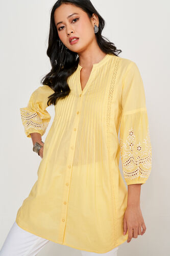 Yellow Solid Embroidered Shirt Style Tunic, Yellow, image 3