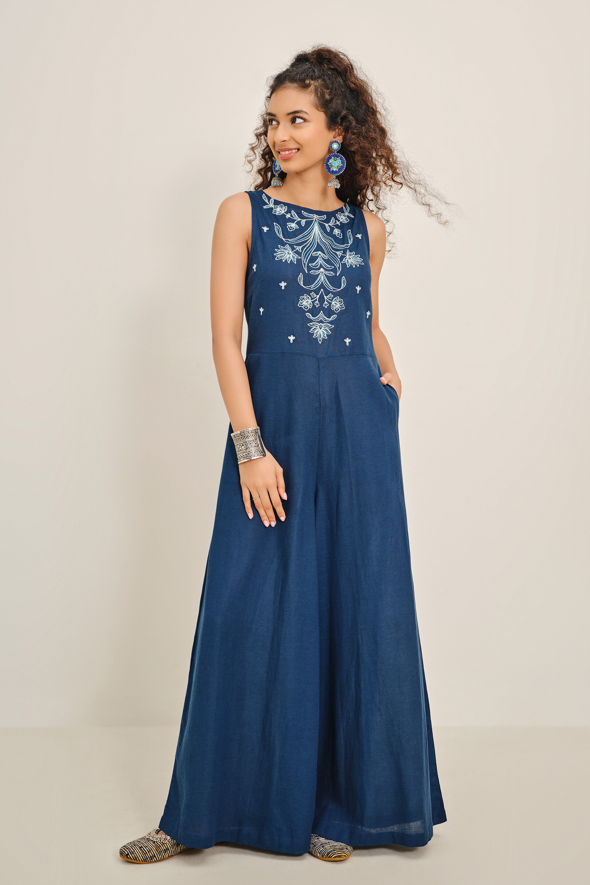 Indigo Jharna Embroidered Jumpsuit, Indigo, image 2