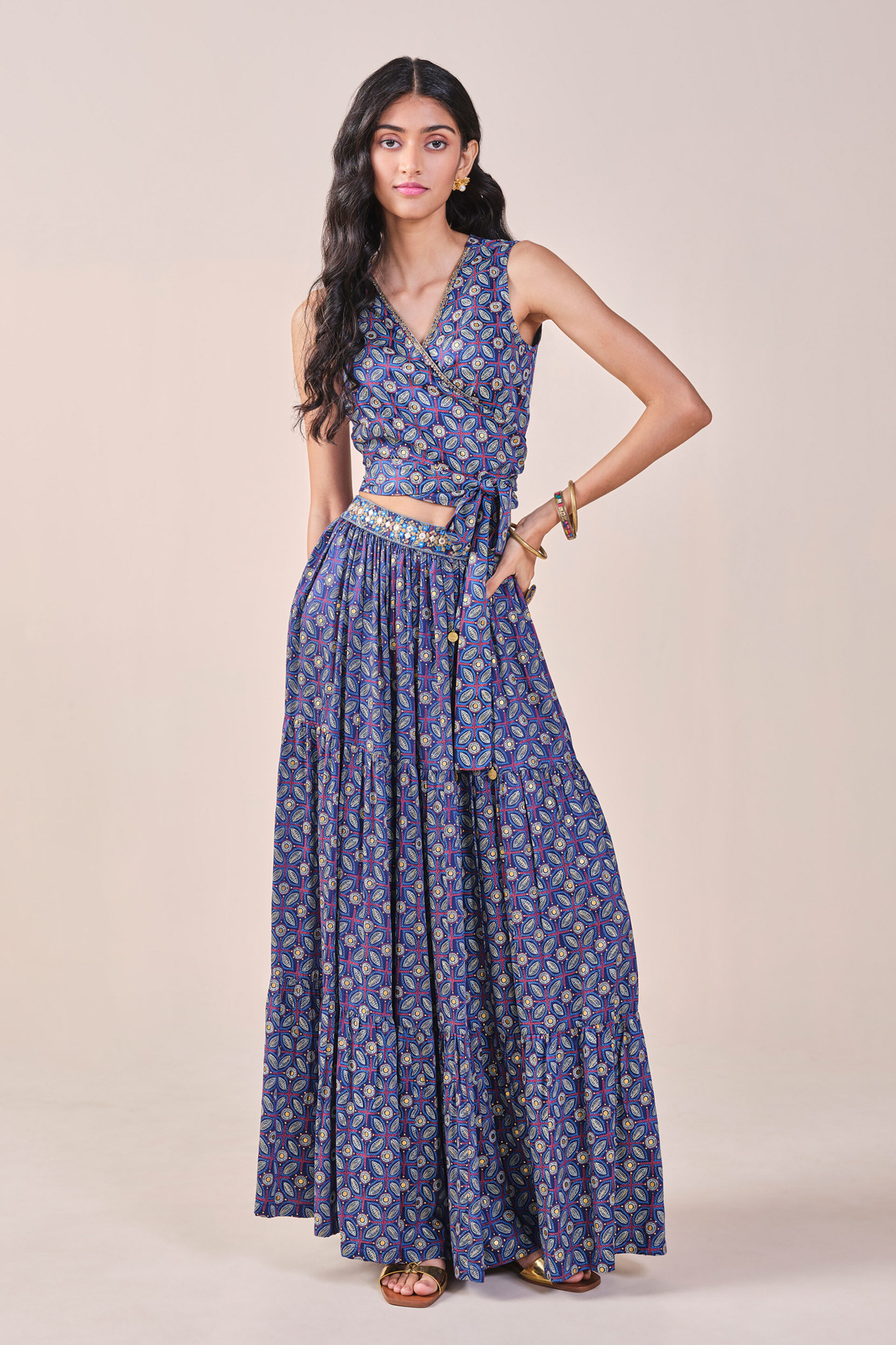 Floral Print Embroidered Tiered Skirt Set, Blue, image 7