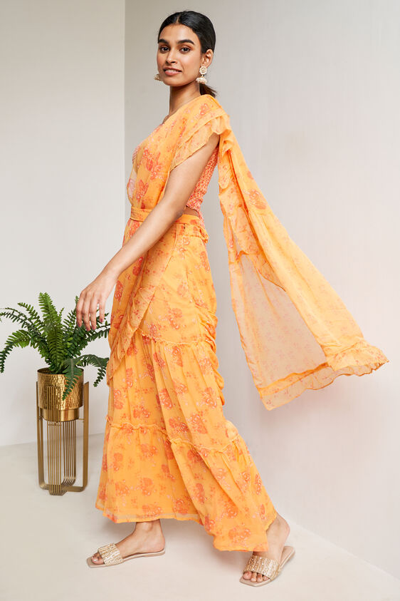 Orange Floral Fit & Flare Stitched Saree, Orange, image 3