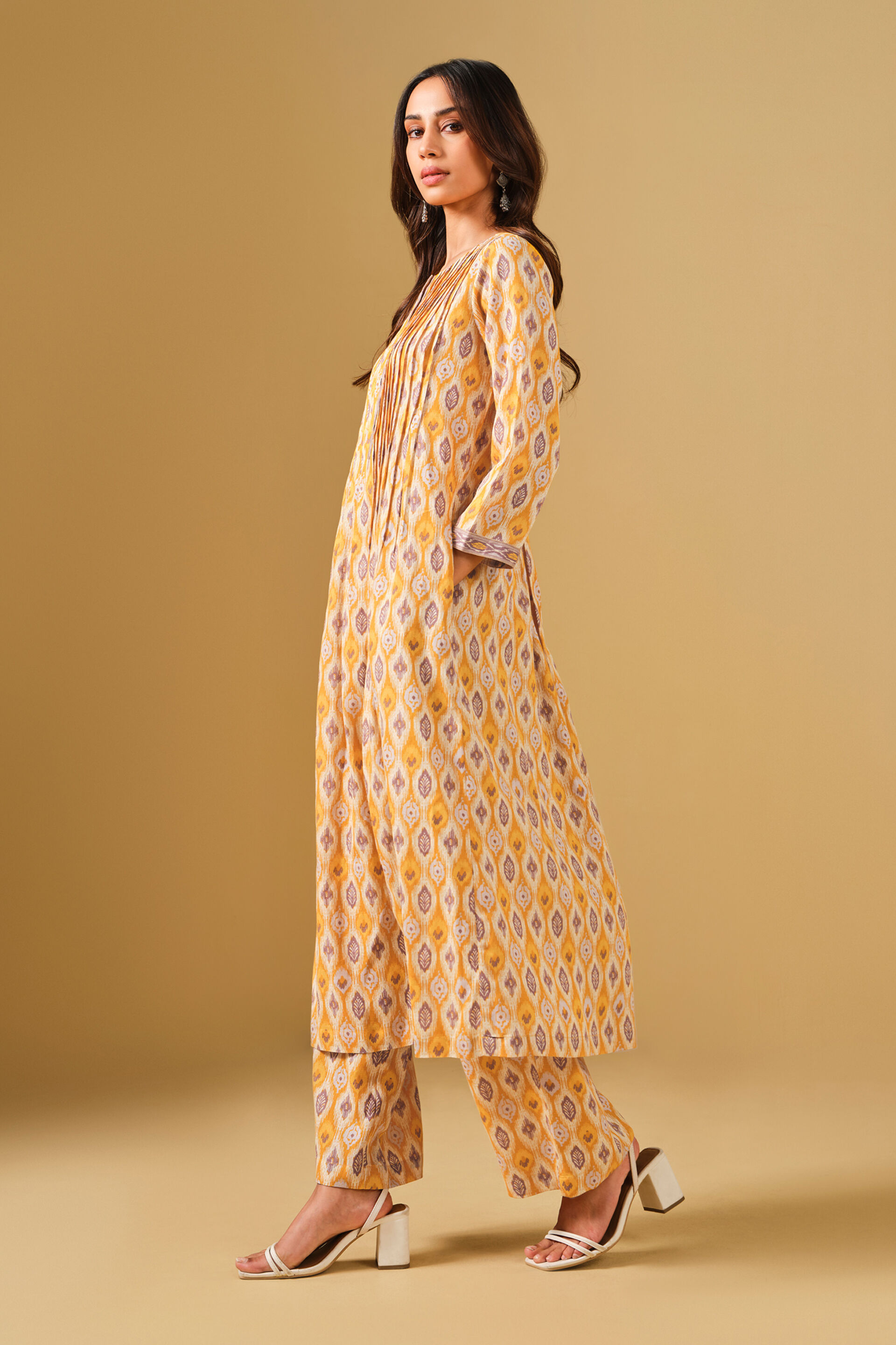 Ethnic Motif Yellow Viscose Kurta Set, Mustard, image 3