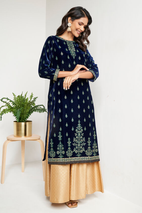 Navy Blue Foil Print Straight Slip-On Kurta, Navy Blue, image 1