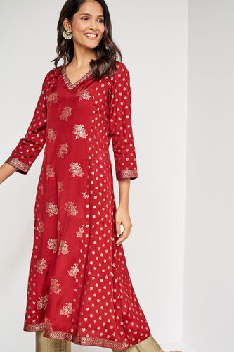 Red Foil Print Flared Slip-On Kurta, Red, image 2