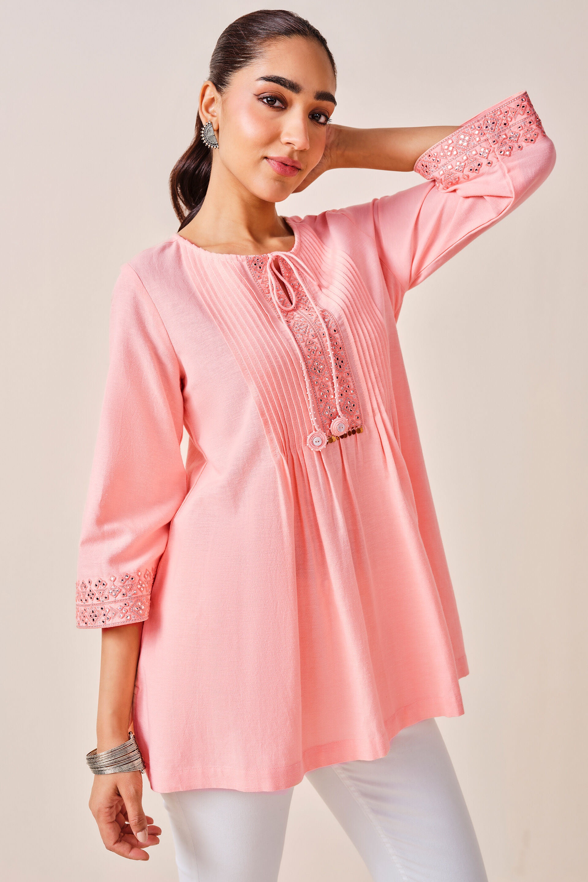 Peach Tassled Viscose Tunic, Peach, image 3