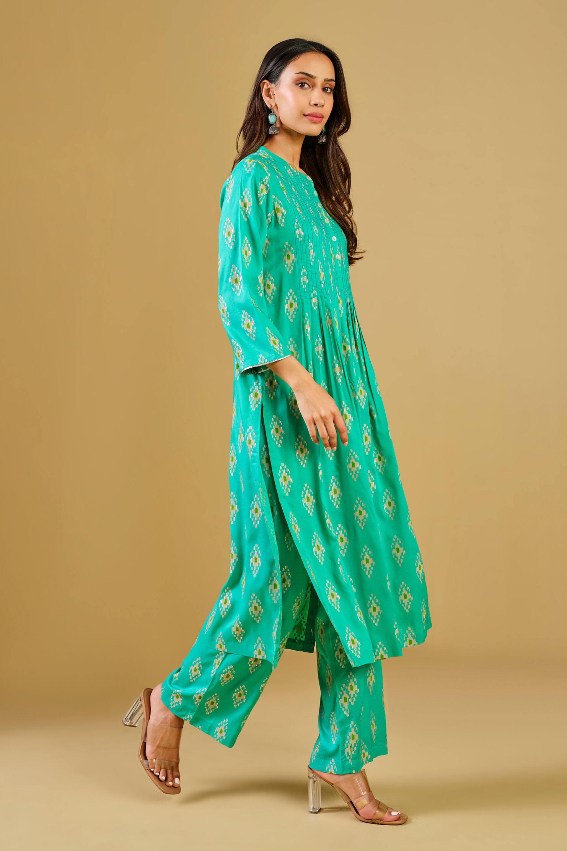 Ethnic Motif Aqua Viscose Kurta Set, Aqua, image 2