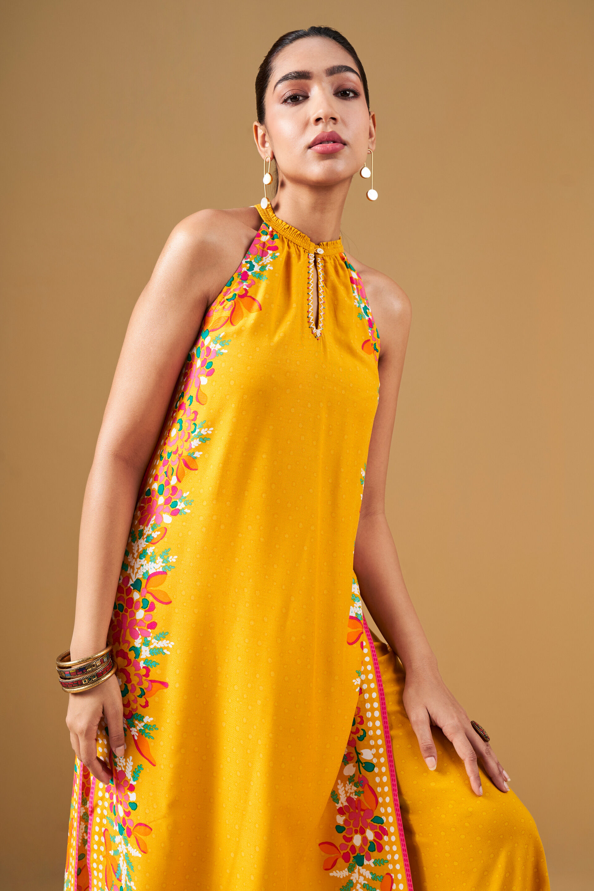 Floral Print Mustard Viscose Kurta Set, Mustard, image 5
