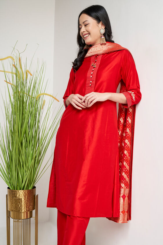 Red Ethnic Motifs Straight Suit, Red, image 3