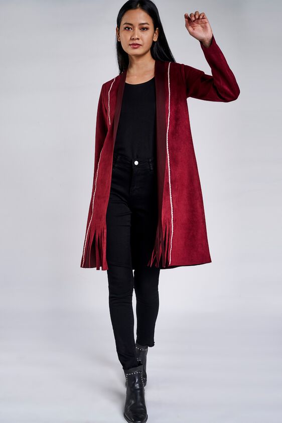 1 - Maroon Fringed Sheath Longline Shrug, image 1
