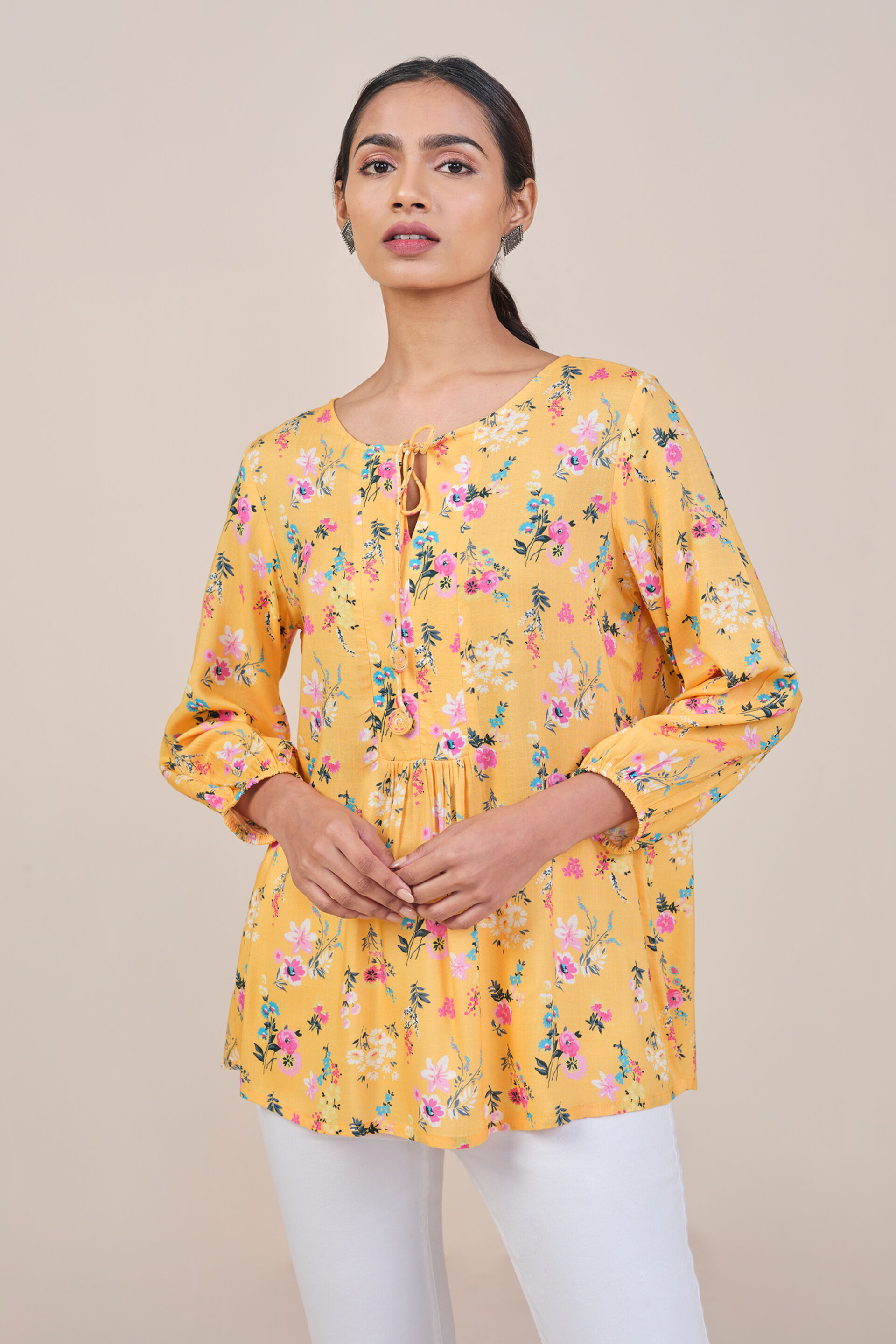 Yellow Floral Inspired Tie Up Top, Yellow, image 4