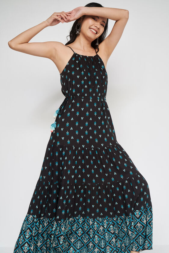 Black Floral Flared Gown, Black, image 5