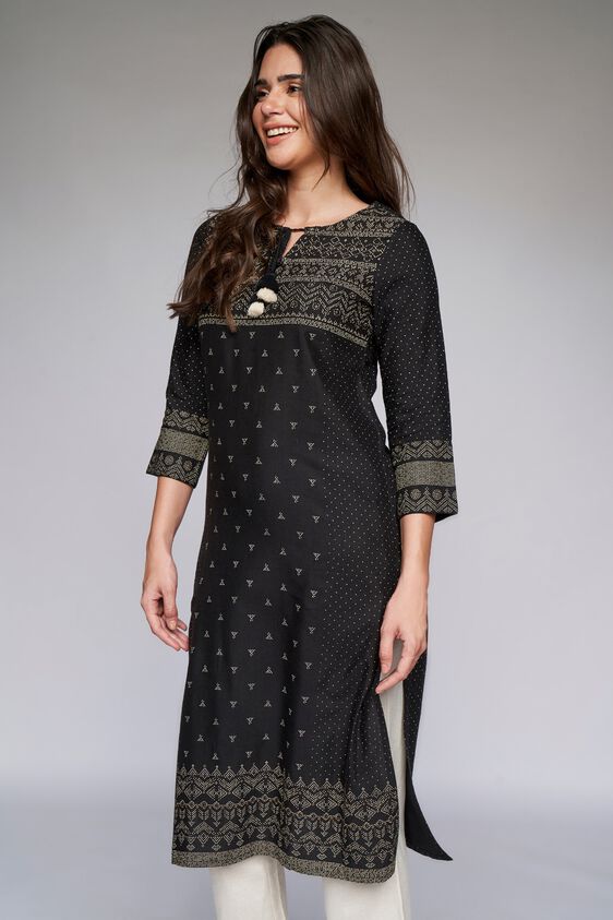 4 - Black Geometric Straight Kurta, image 4