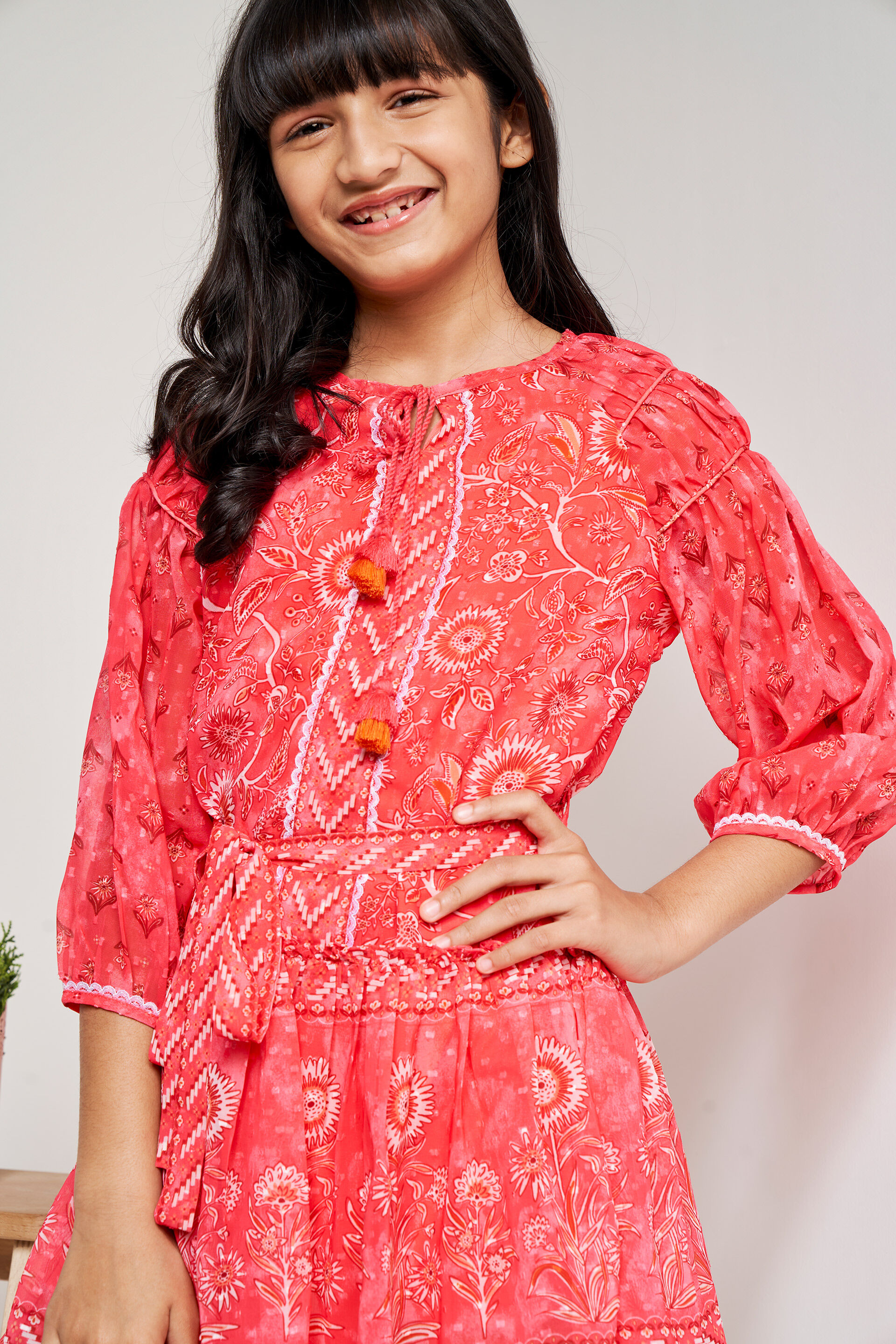 Pink Floral Tie-Ups Fit And Flare Dress, Pink, image 3