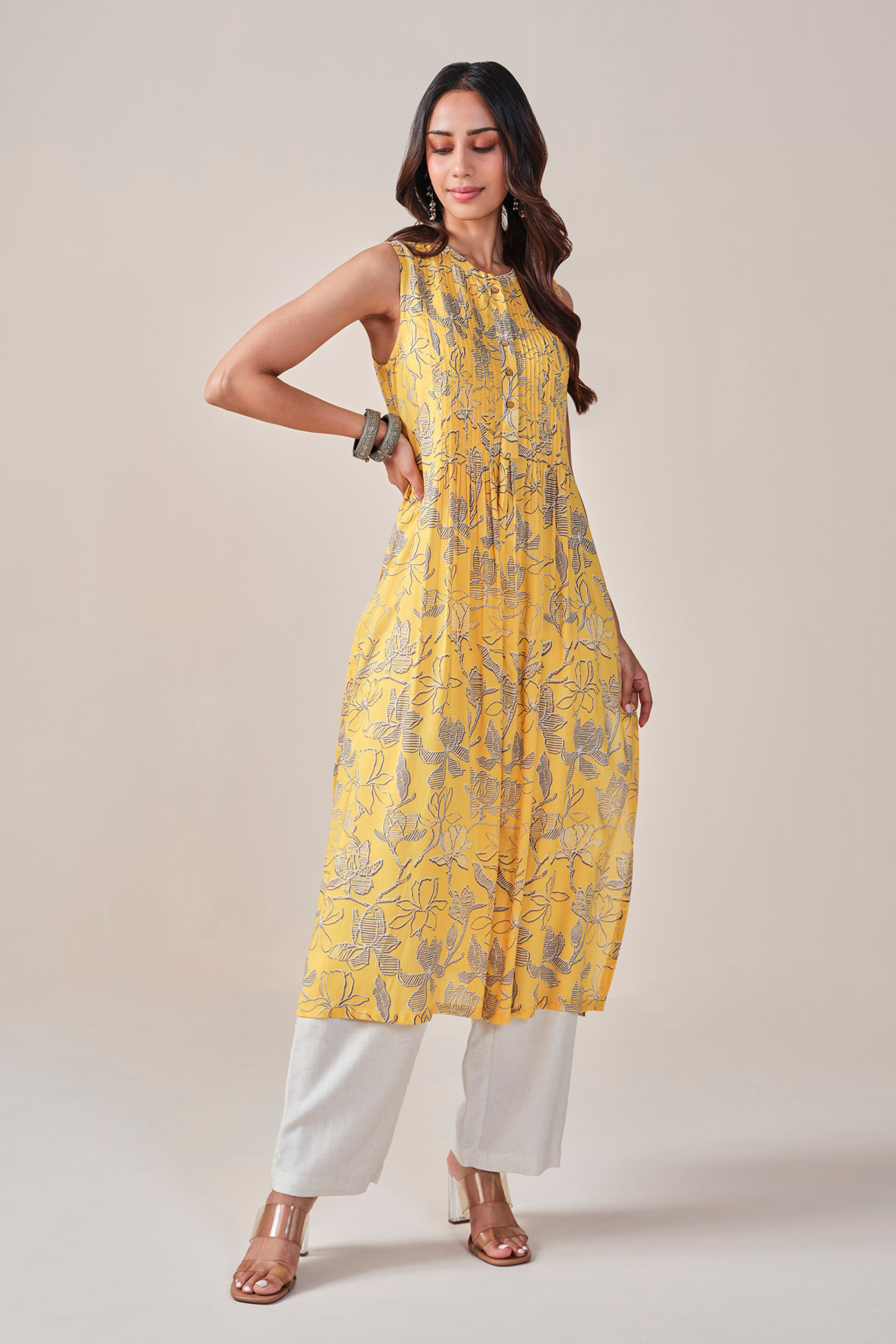 Floral Print Viscose Kurta, Mustard, image 3