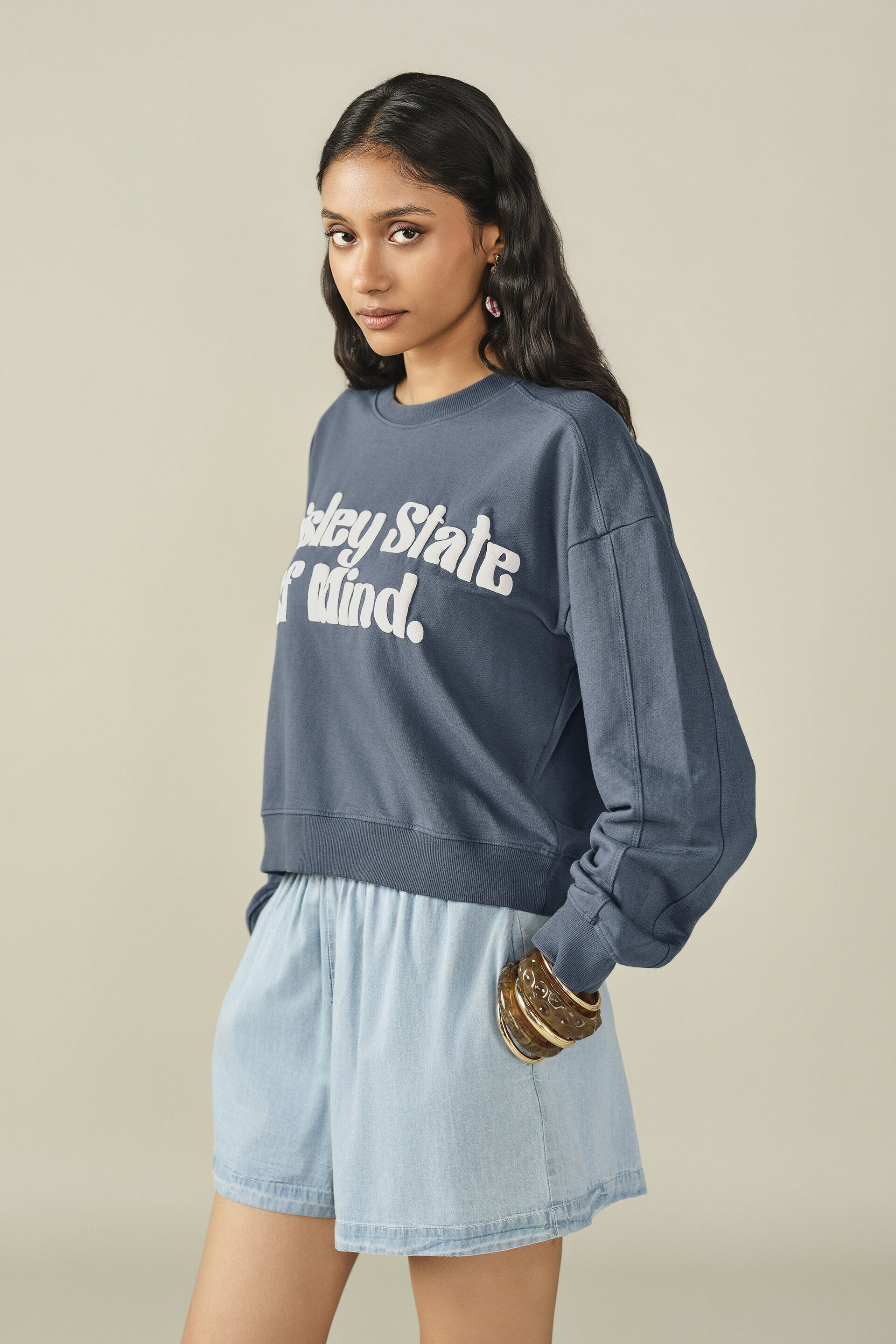 Printed Sweatshirt in Indigo, Blue, image 4