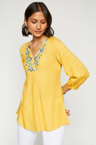 Yellow Solid Embroidered Straight Top, Yellow, image 6
