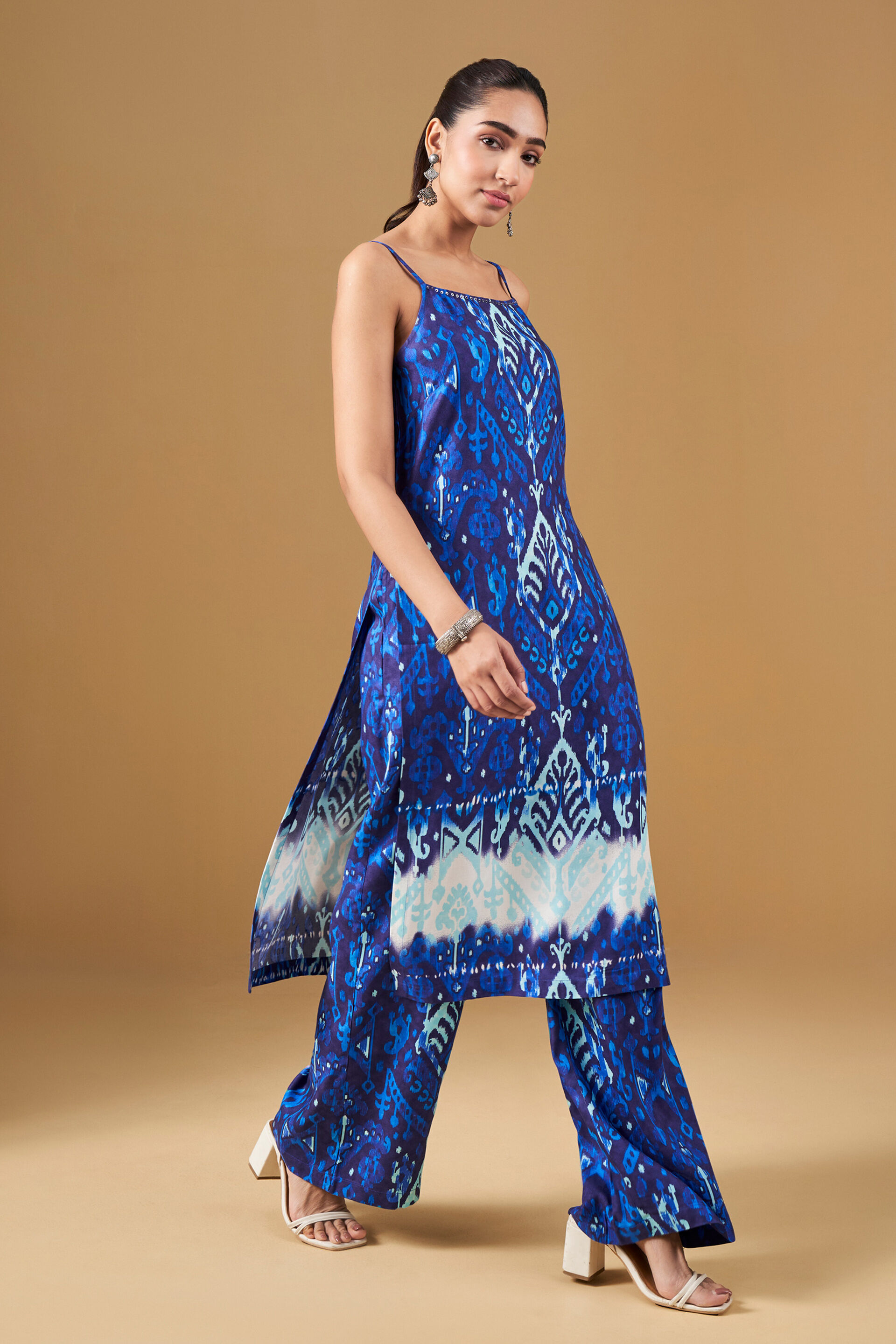 Ikat Print Viscose Straight Blue Kurta Set, Ink Blue, image 2