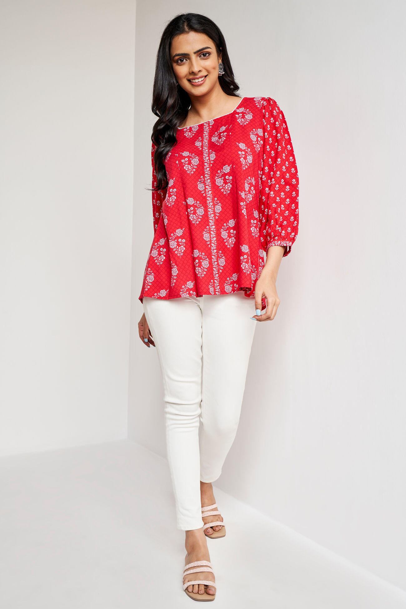 Red Floral Straight Top, Red, image 2