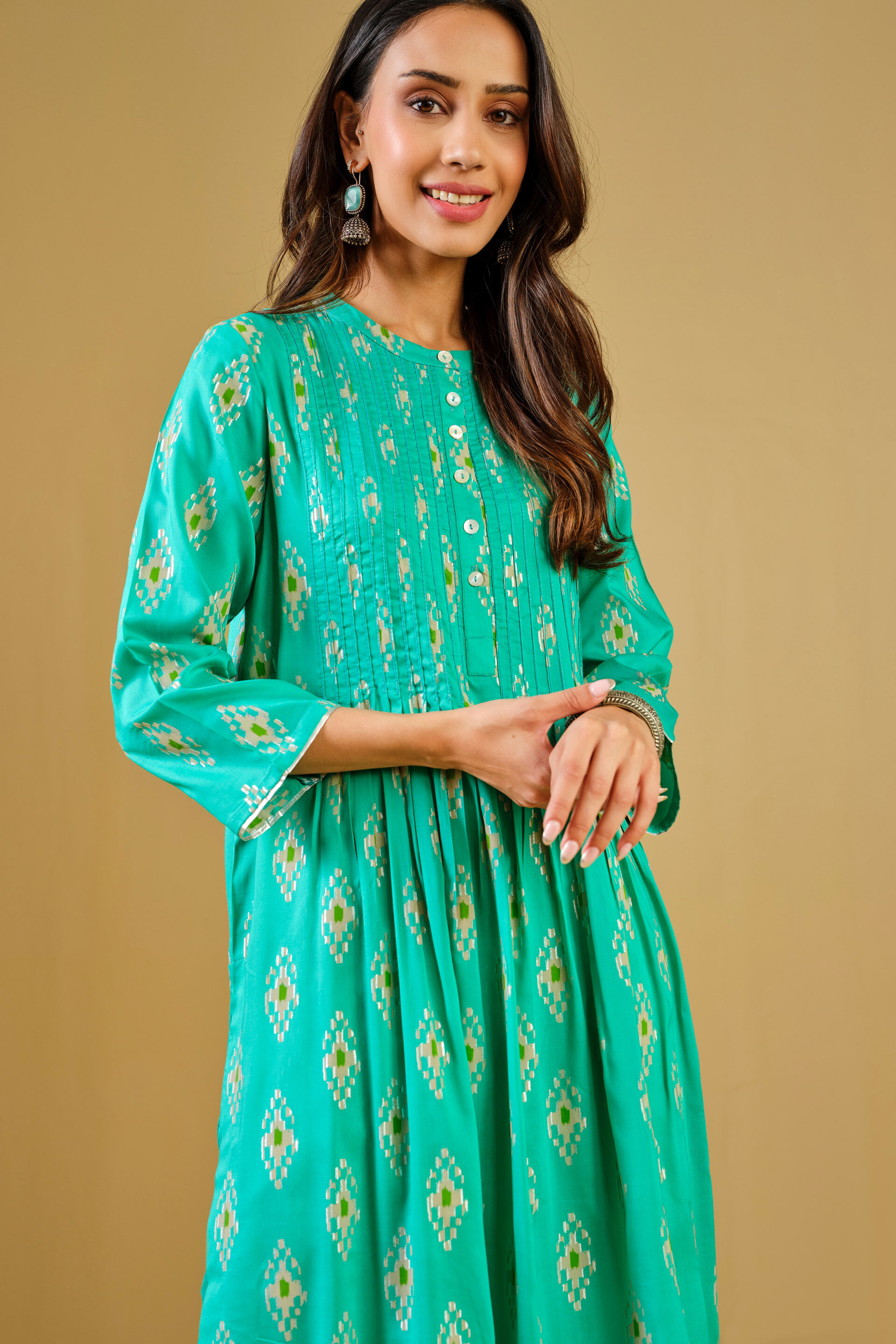 Ethnic Motif Aqua Viscose Kurta Set, Aqua, image 5