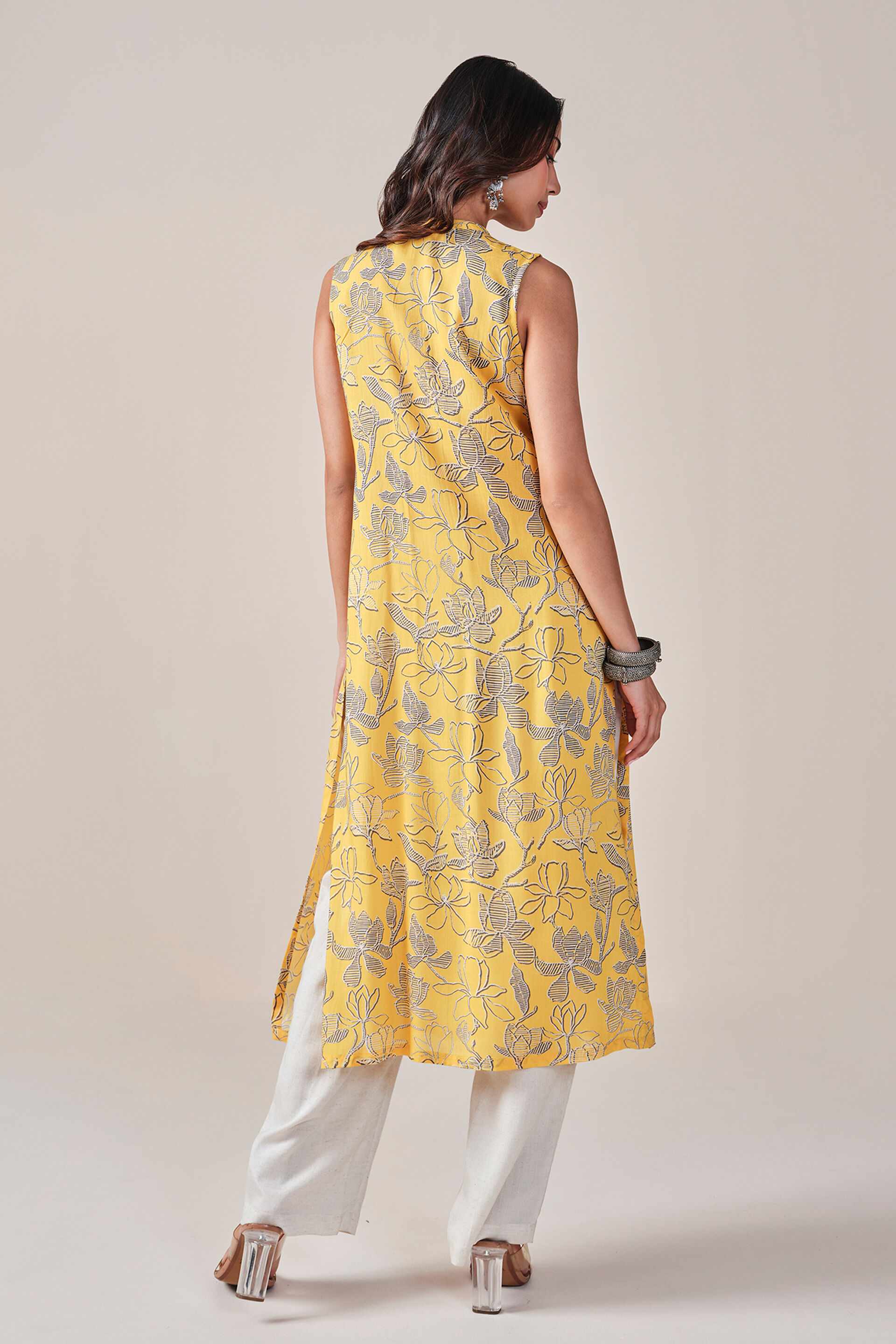 Floral Print Viscose Kurta, Mustard, image 7