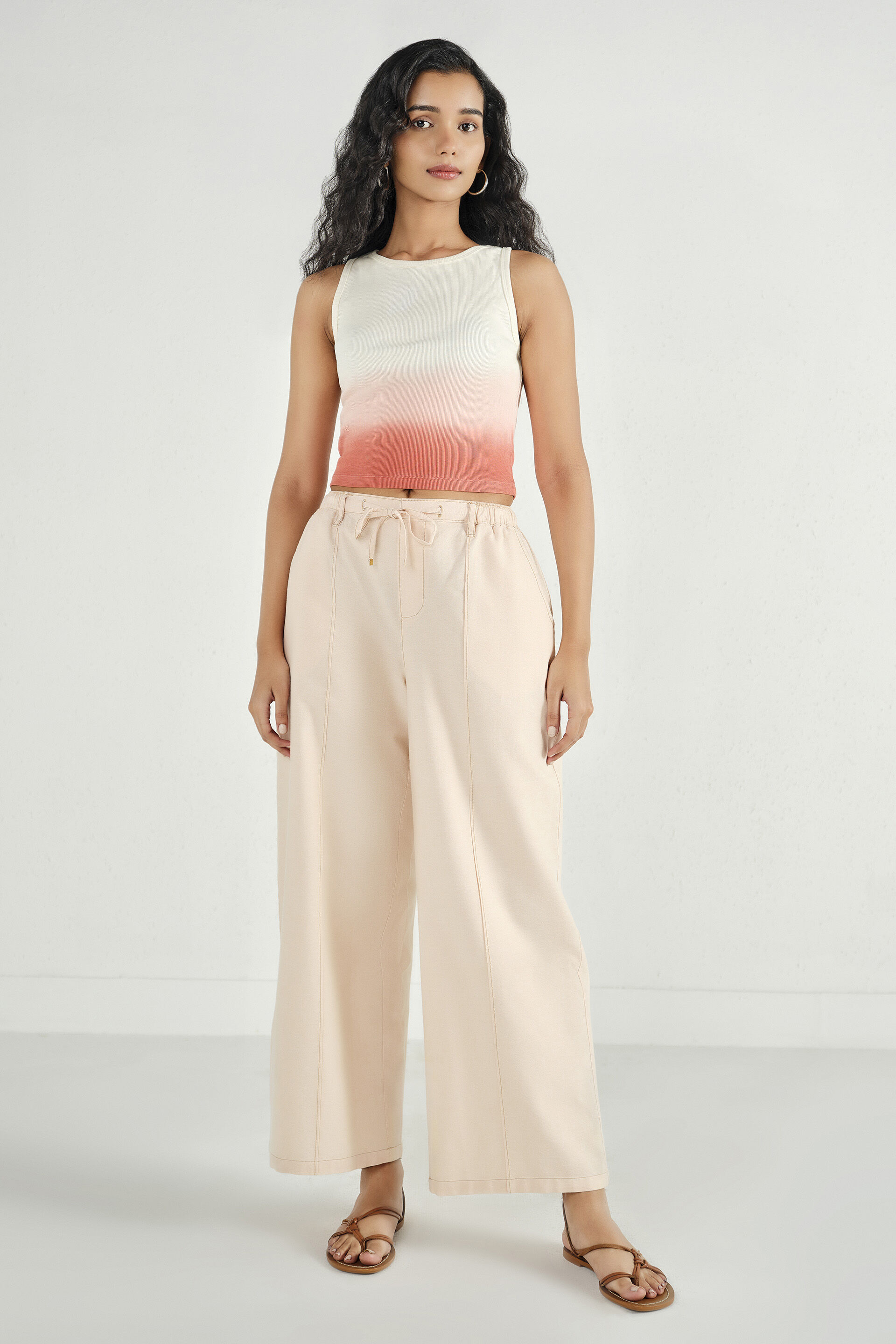 Beige Cotton Straight Pants, Beige, image 2