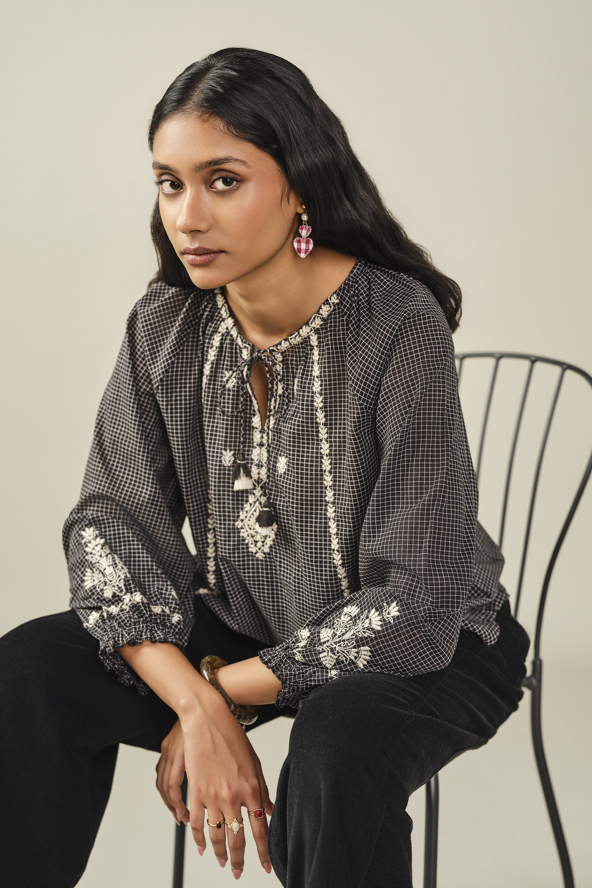 Embroidered Cotton Peasant Top in Black, Black, image 3