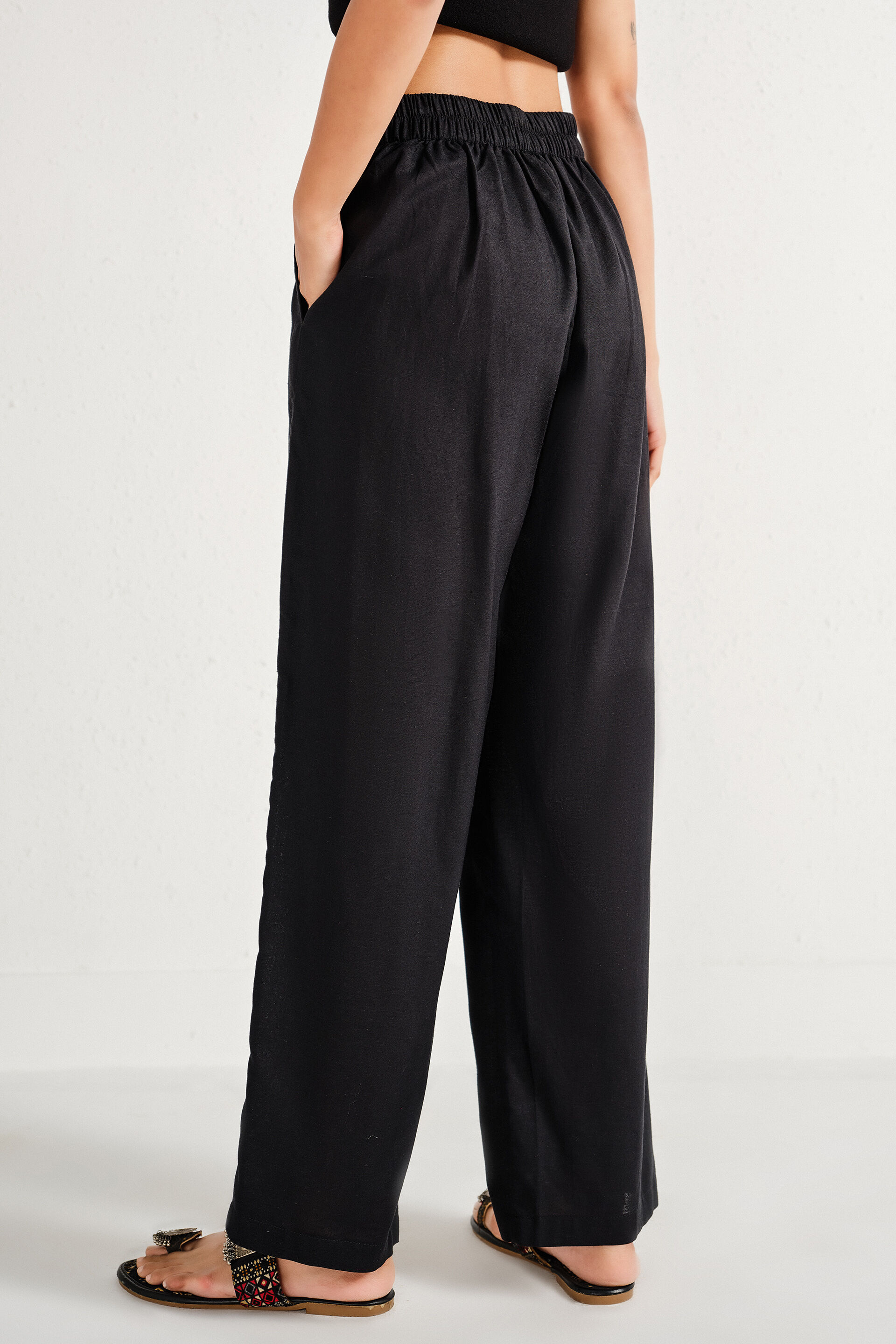 Black Linen-Blend Narrow Pants, Black, image 4