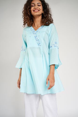 7 - Light Blue Self Design Embroidered A-Line Dress, image 7