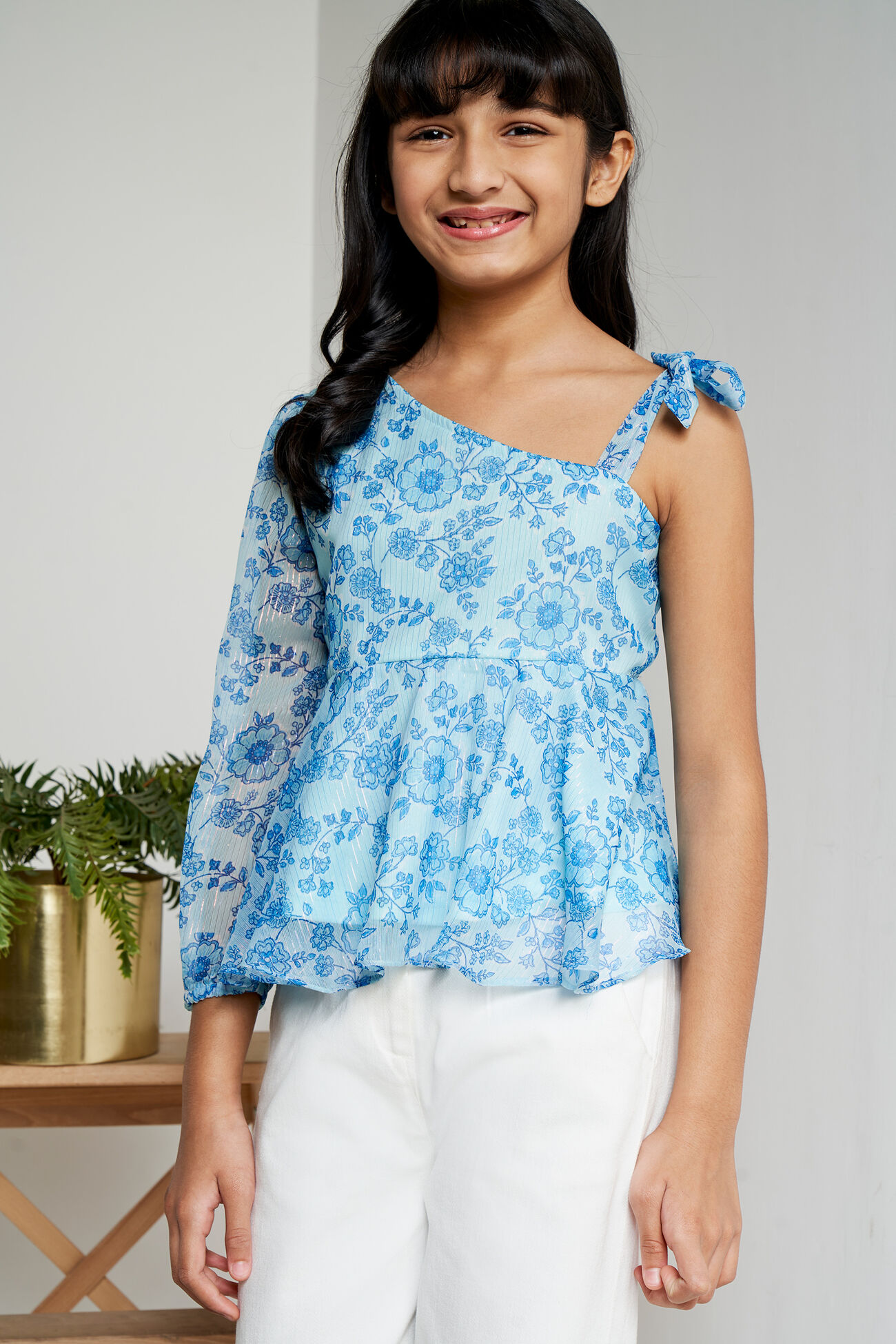 Blue Floral Tie-Ups Fit And Flare Top, Blue, image 7