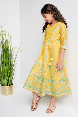 Yellow Khadi Print Straight Gown, Yellow, image 3