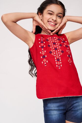 1 - Red Solid Embroidered A-Line Top, image 1