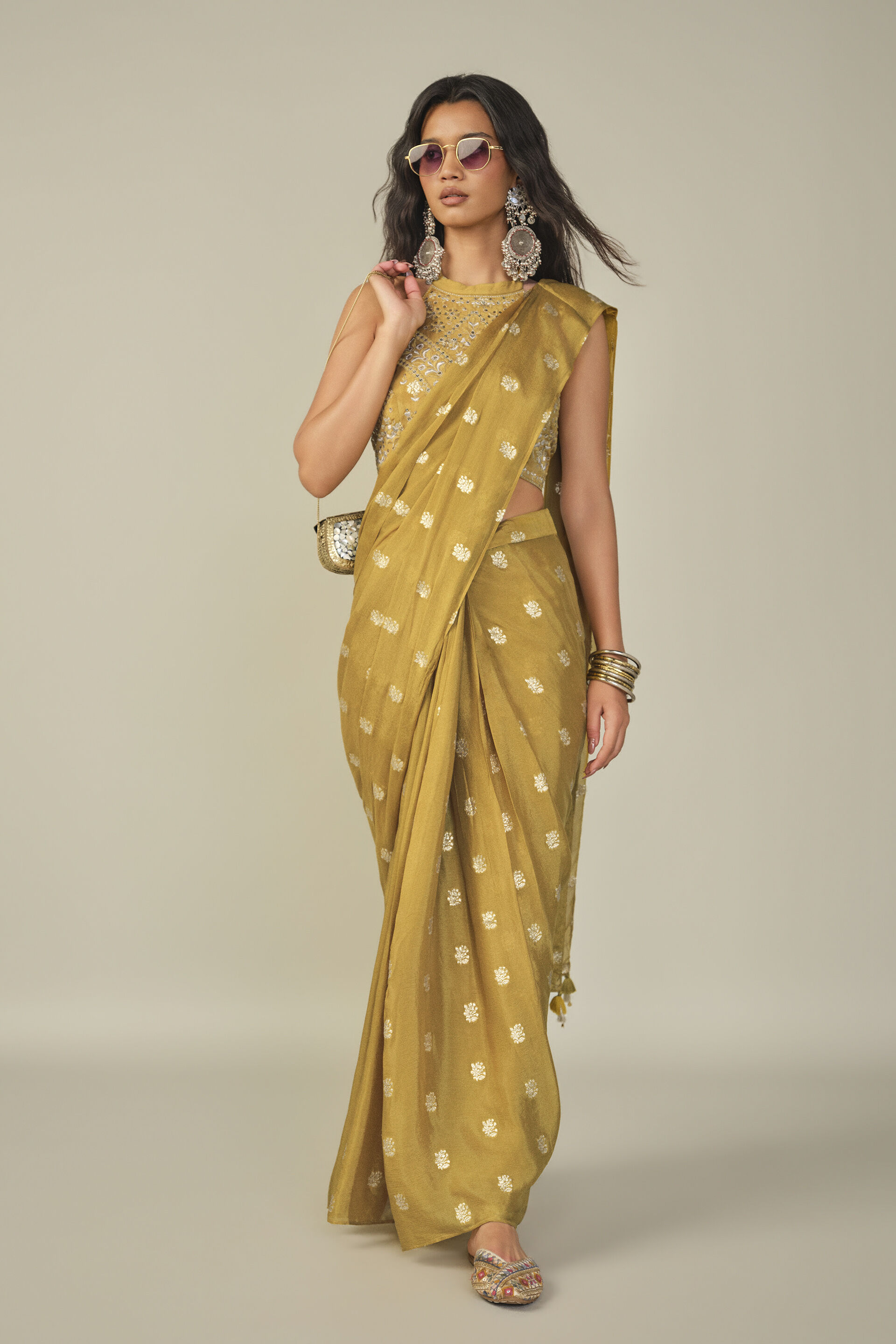 Embroidered Pre-stitched Saree in Yellow