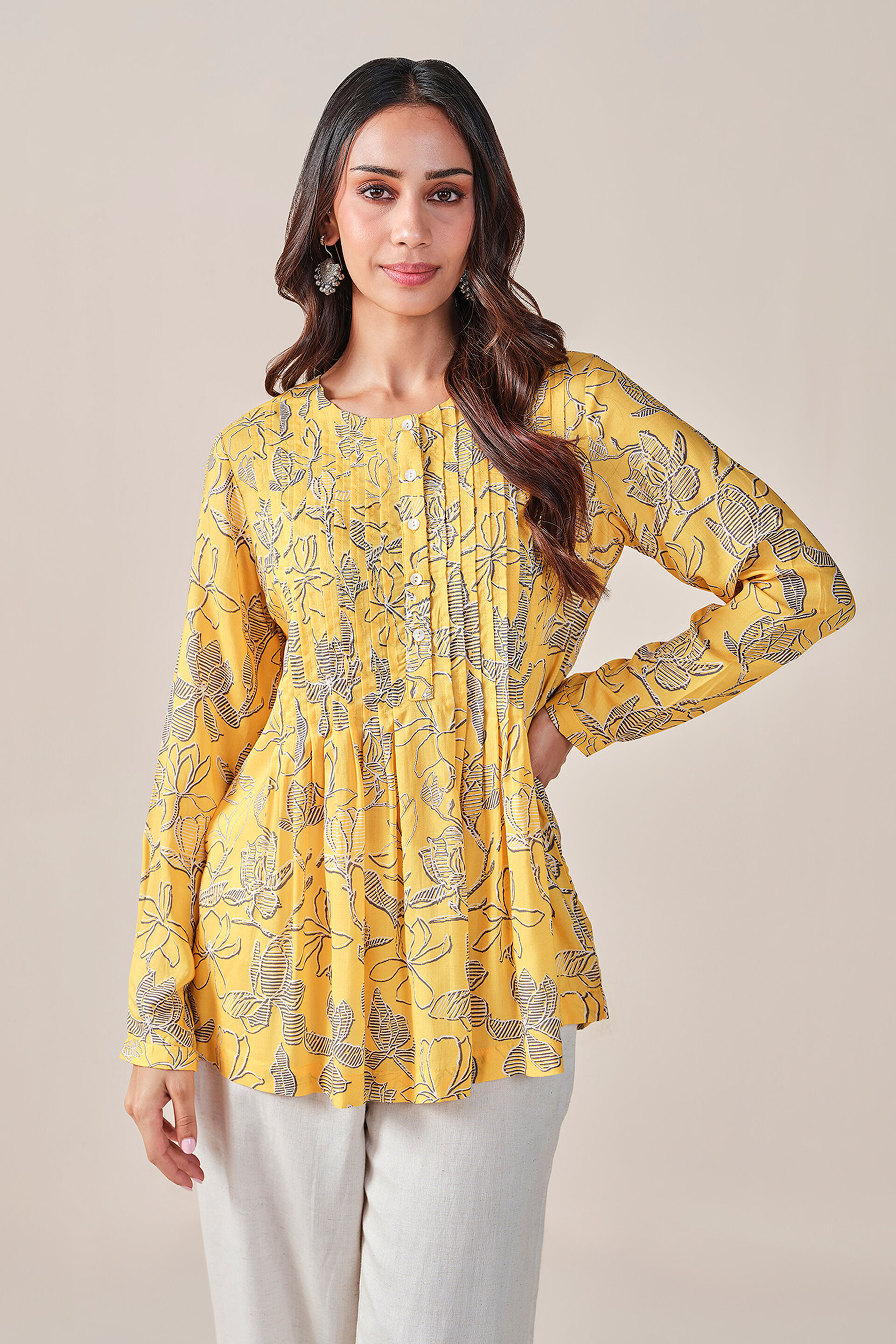 Buy Mustard Floral Print Viscose Top Online In India at Global Desi ...