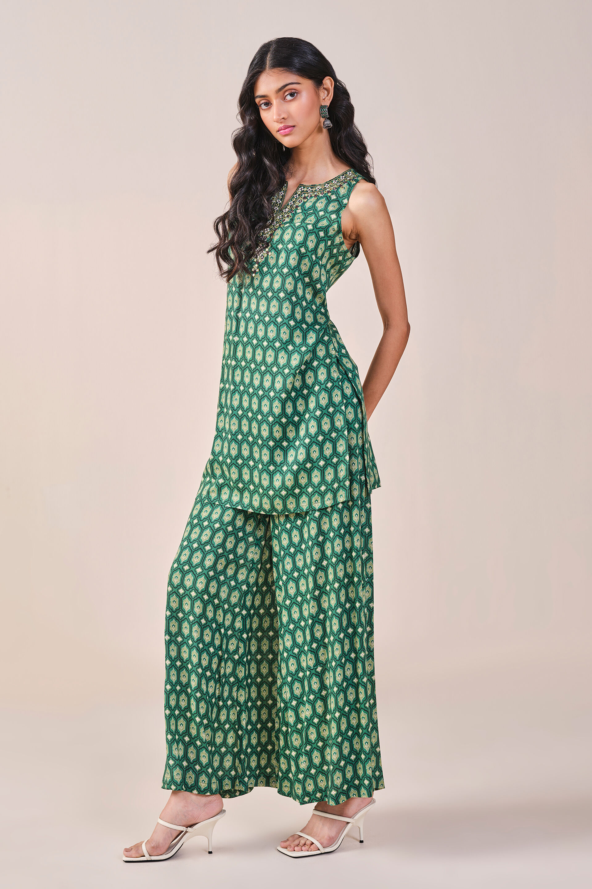 Lattice Inspired Print Viscose Kurta Set, Green, image 6
