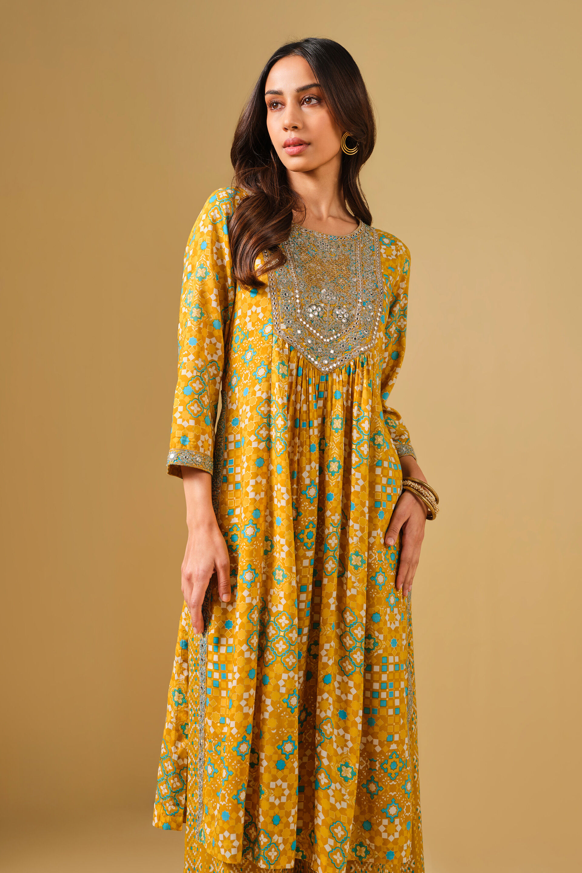Embroidered Yellow Viscose Kurta Set, Mustard, image 9